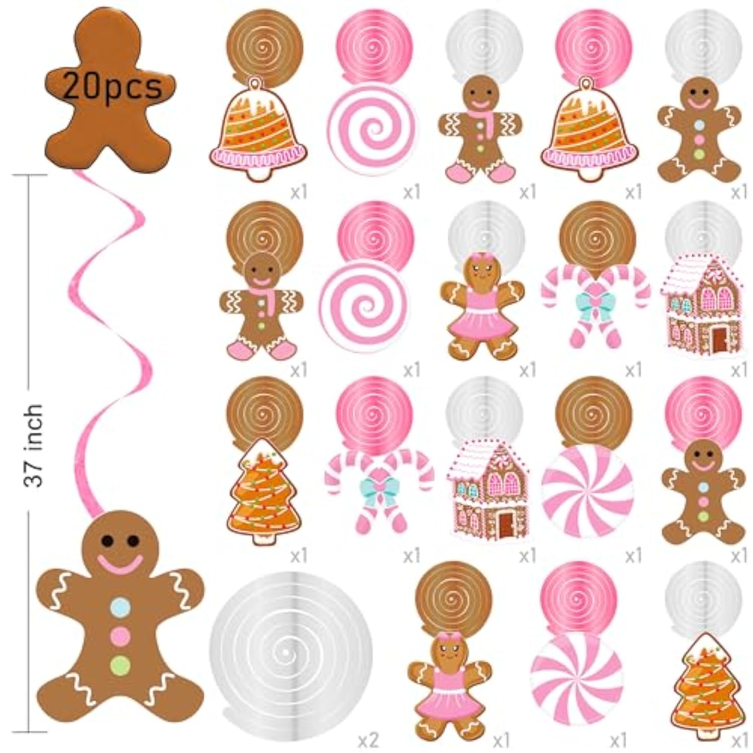 Christmas Gingerbread Man Party Hanging Swirl Decorations 20Pcs Pink Merry Gingerbread House Christmas Tree Ceiling Decor Xmas Candy Hanging Streamers For Girls Winter Holiday Party Supplies