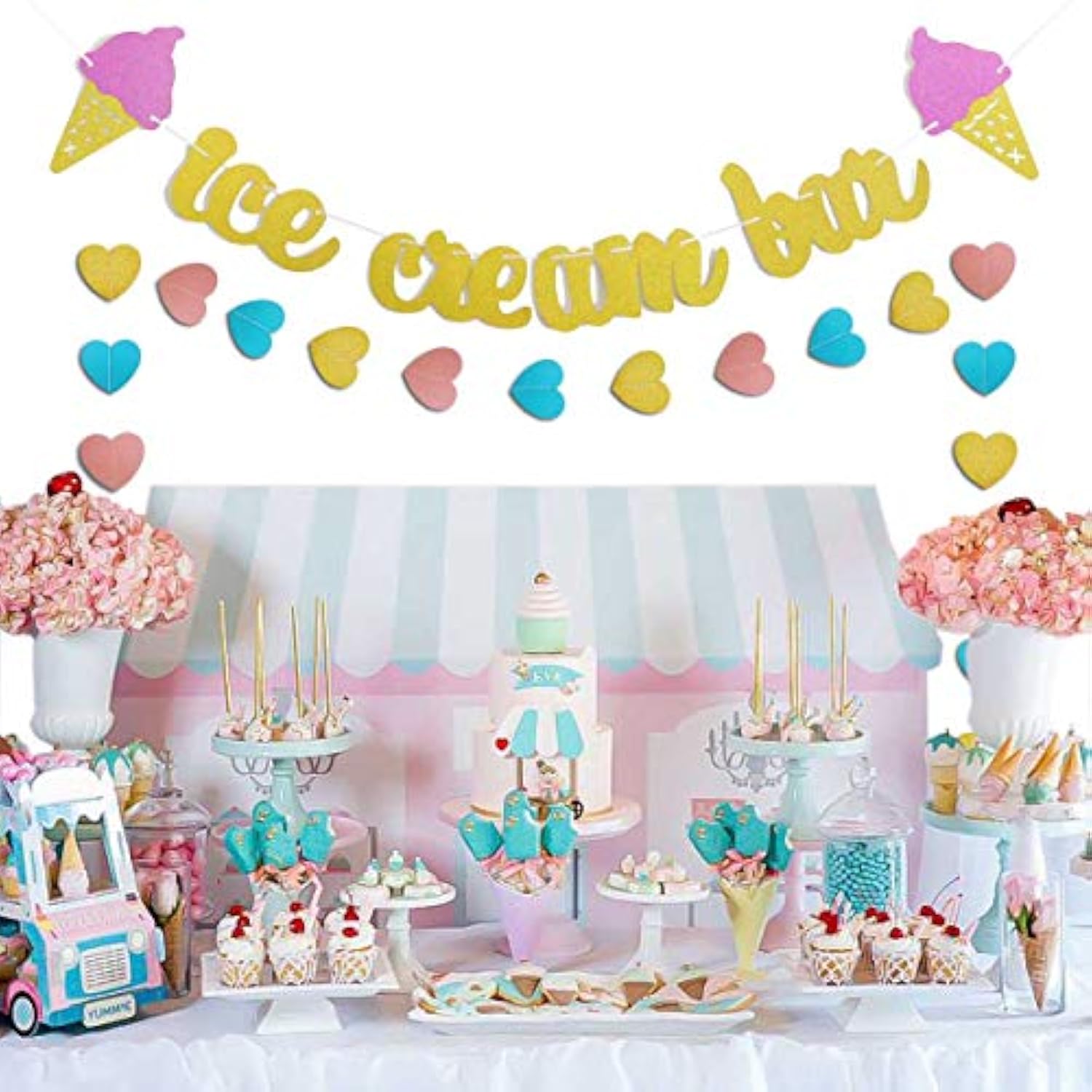 Gold Glittery Ice Cream Bar Sign Banner And Pink, Blue, Gold Heart Paper Garland For Birthday, Summer Theme Party, Baby Shower, Wedding Decorations - Cute Photo Prop
