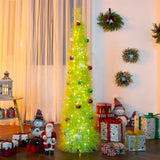 Christmas Tree 5Ft Artificial With Light And Balls Ornaments Hairy Pop Up Pencil Tinsel Collapsible Stand For Xmas Holiday Party Decorations, Home Office Display Decor, Fruit Green