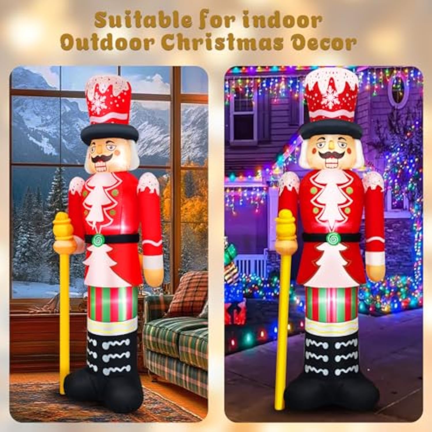 Christmas Inflatables 8Ft Nutcracker Figurine Red & White Soldier With Candy Cane Stripes, Staff & Crown Hat Festive Hol
