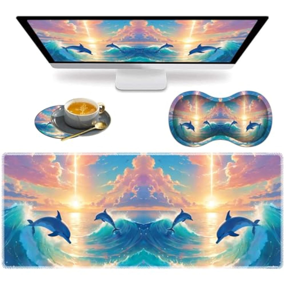 3 Piece Mouse Pad Set With Stitched Edge - Large Anti-Slip Desk Pad, Keyboard Pad, Wrist Rest, And Coaster - Memory Foam For Office/Home - Moonlight Dolphin