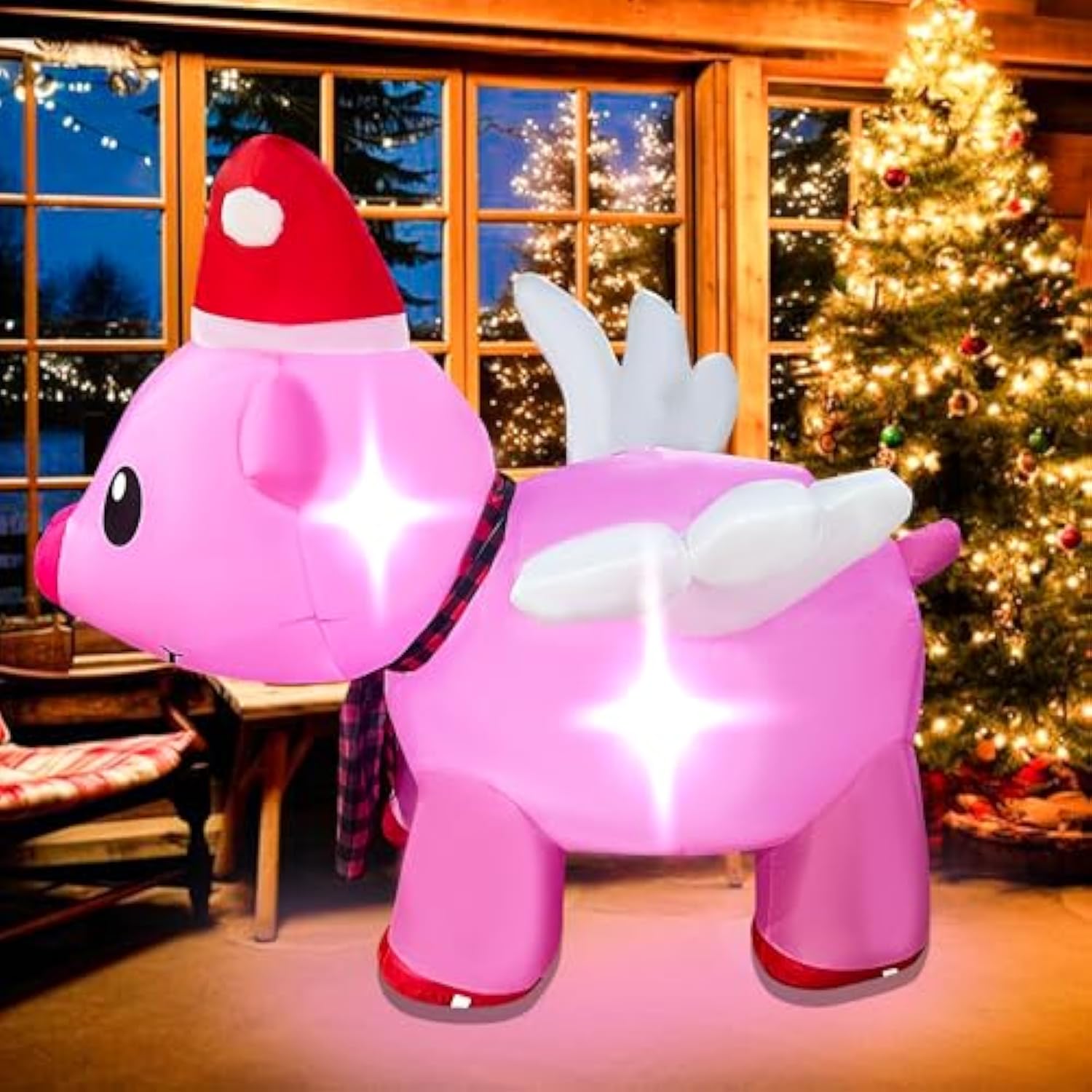 4Ft Inflatable Christmas Flying Pink Piggy Decoration, Led Lighted Blow Up Decor Indoor Outdoor Holiday Art Decor Decora