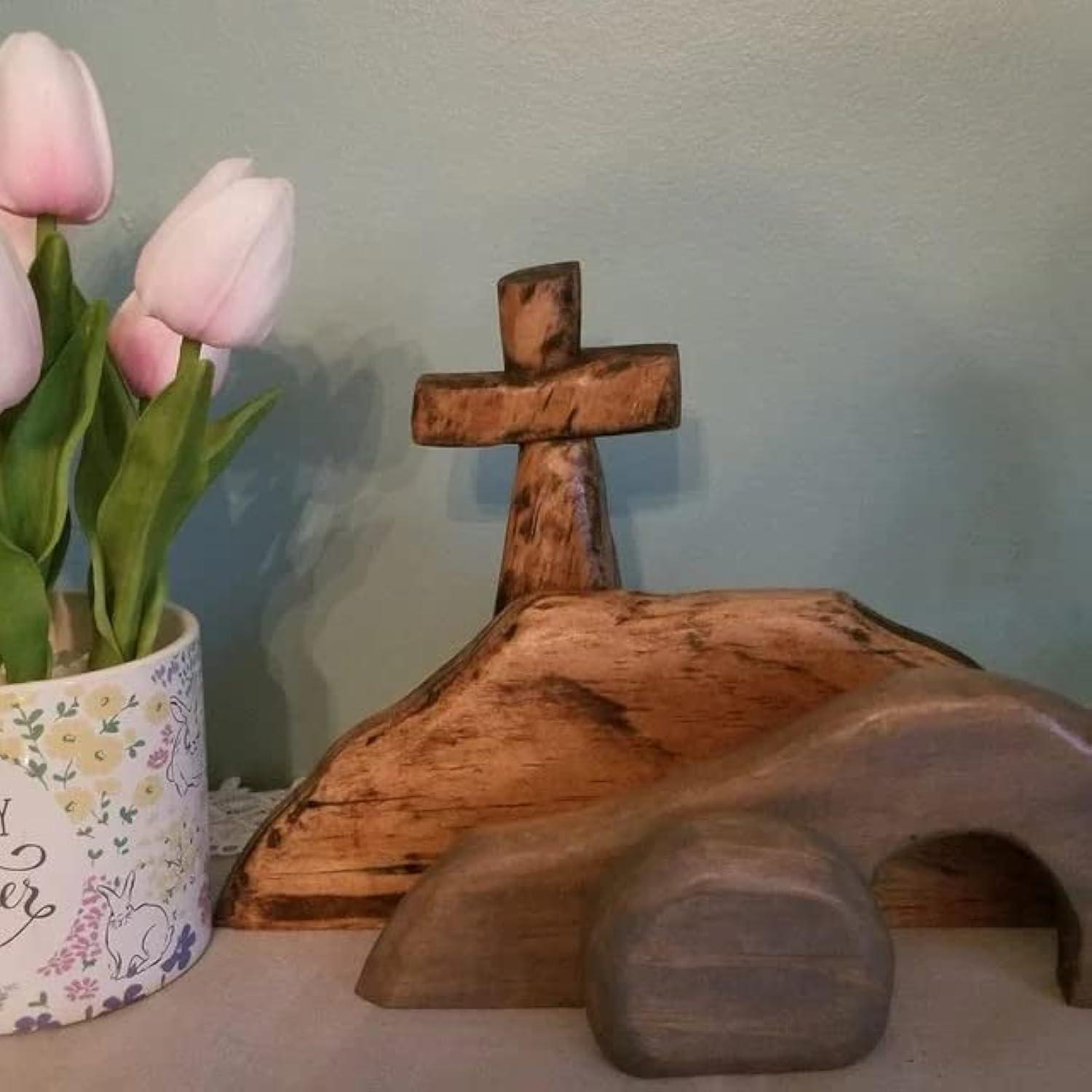 Empty Tomb Easter Scene And Cross Decoration, Jesus Tomb Tray Bundle Kit, Wooden Easter Jesus Sign Tiered Tray Decorations For Religious Home Office Tabletop Christian Gifts (Wood - A)