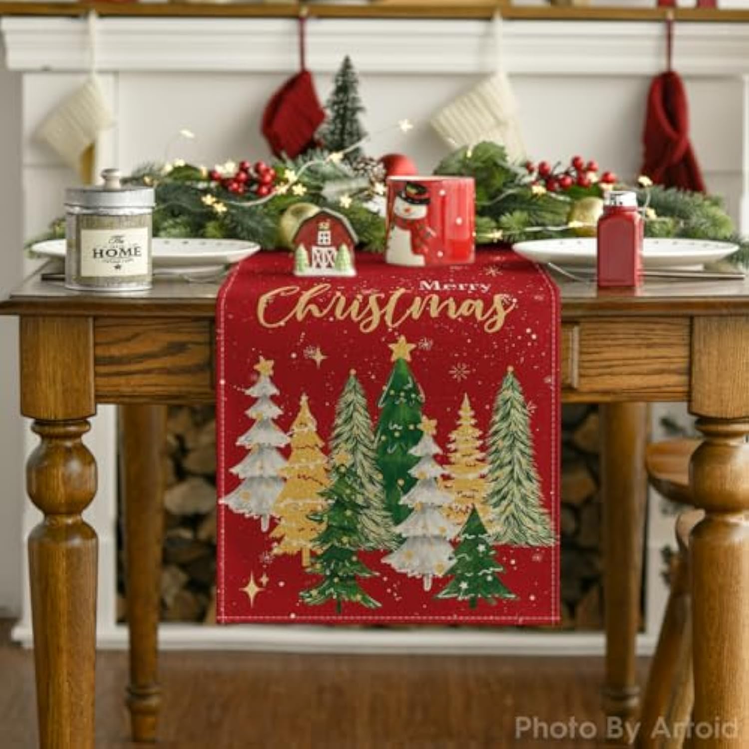 Xmas Trees Merry Christmas Table Runner, Seasonal Winter Red Kitchen Dining Table Decoration For Home Party Decor 13X72 Inch