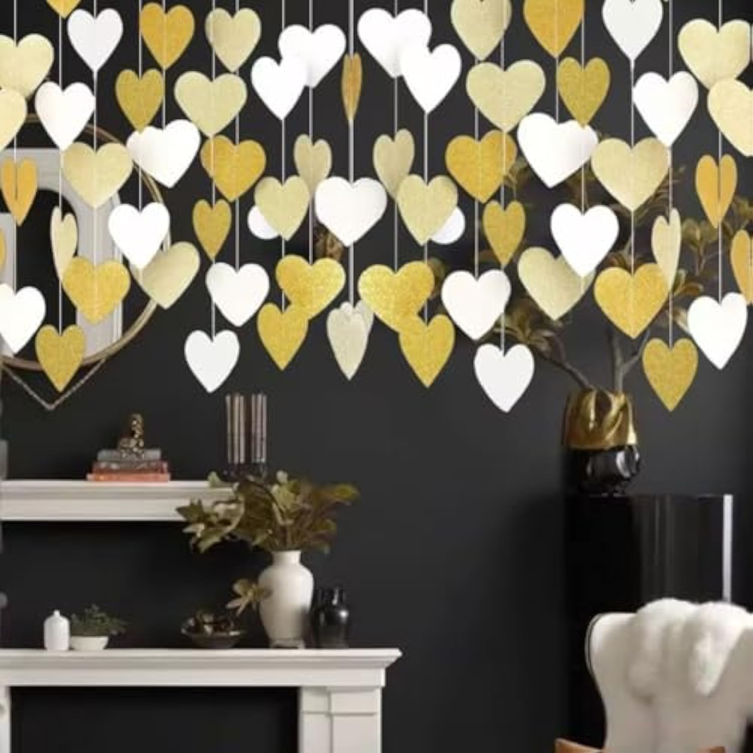 White And Gold Heart Garland Hanging Decorations, 52 Feet, Hanging Streamers For Christmas Party, Wedding, Birthday Parties, Graduations Parties, Valentine, Bridal Showersal (Gold-White Heart)