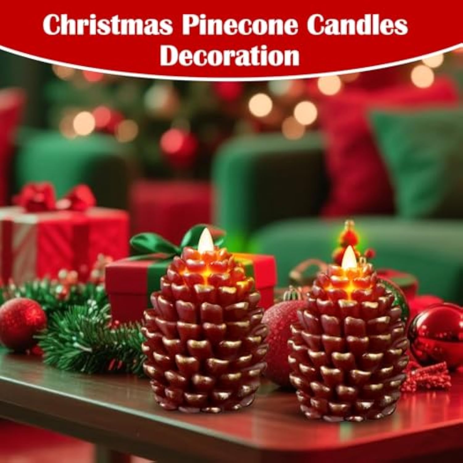 Christmas Pinecone Candles Flameless,Battery Operated Candles With Flickering Wick,Indoors Fake Candle,Christmas Candle Pine Cones Holiday Decor,Winter Thanksgiving Decorations,Set Of 2
