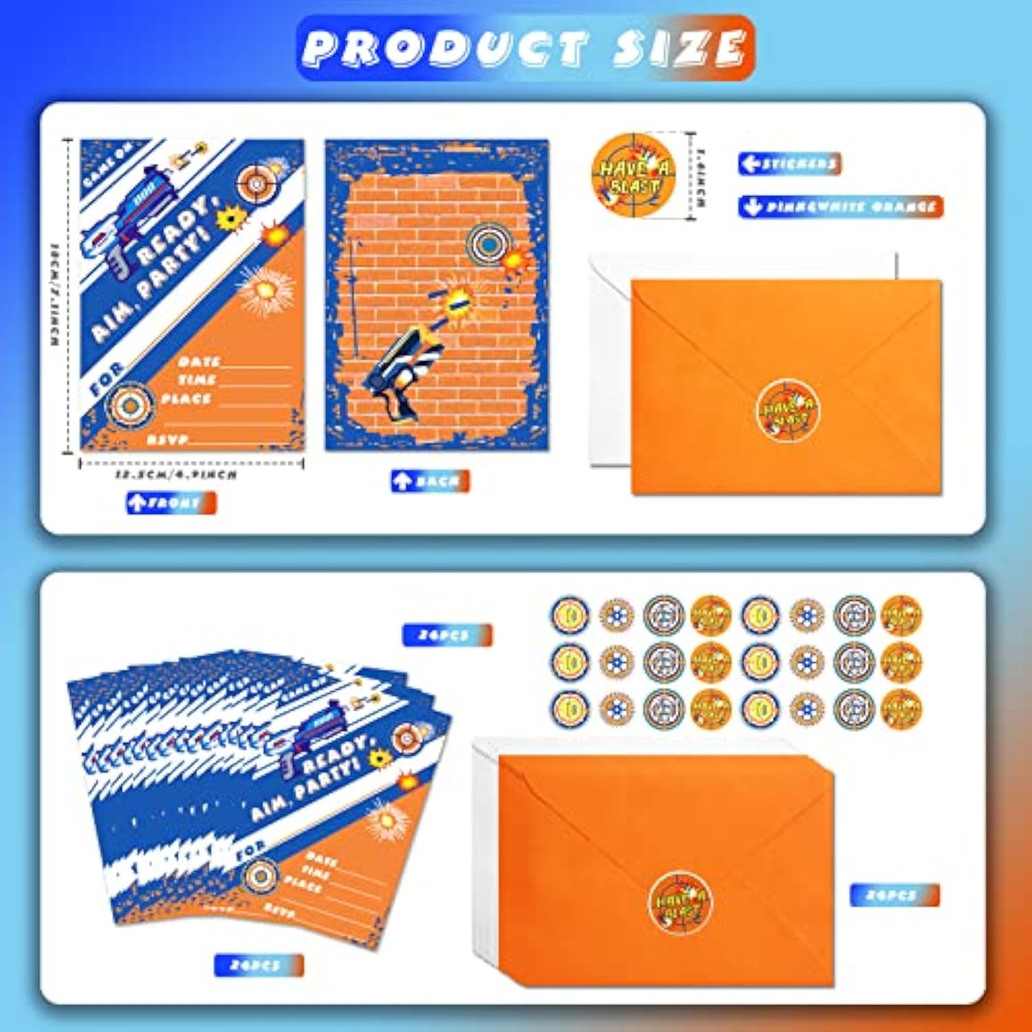 24 Pack Dart War Birthday Invitations Nerf Dart War Gun Party Invitation Cards, 24 Pack Dart War Sticker Labels, 24 Envelopes Dart War Nerf Party Supplies For Boys Kids Birthday Party