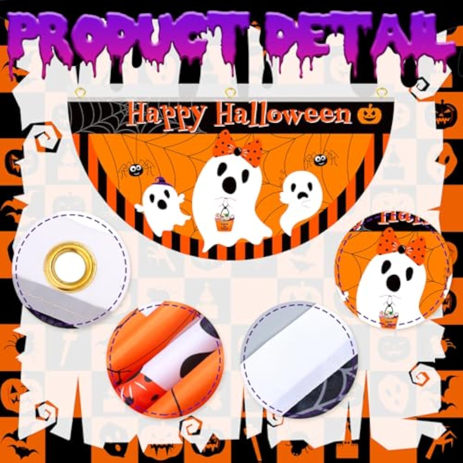 6pcs Halloween Bunting Fan Flags Ghost Pumpkin Half Banner 1.5x3ft Indoor Outdoor Decor