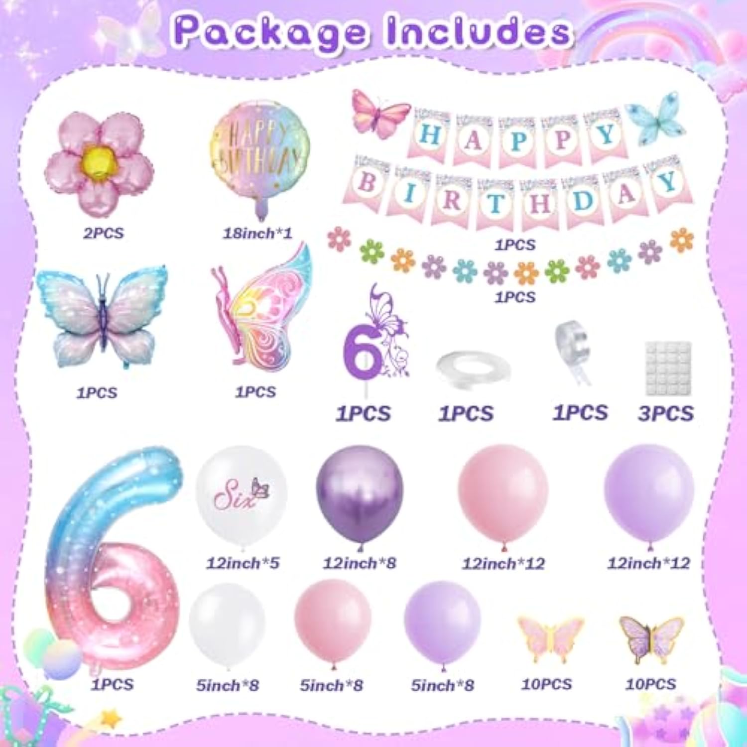 6Th Birthday Decorations For Girls, 6 Year Old Girl Birthday Decorations Butterfly Bday Party Decoration With Number 6 Balloon Happy Bday Banner Pink And Purple Balloons