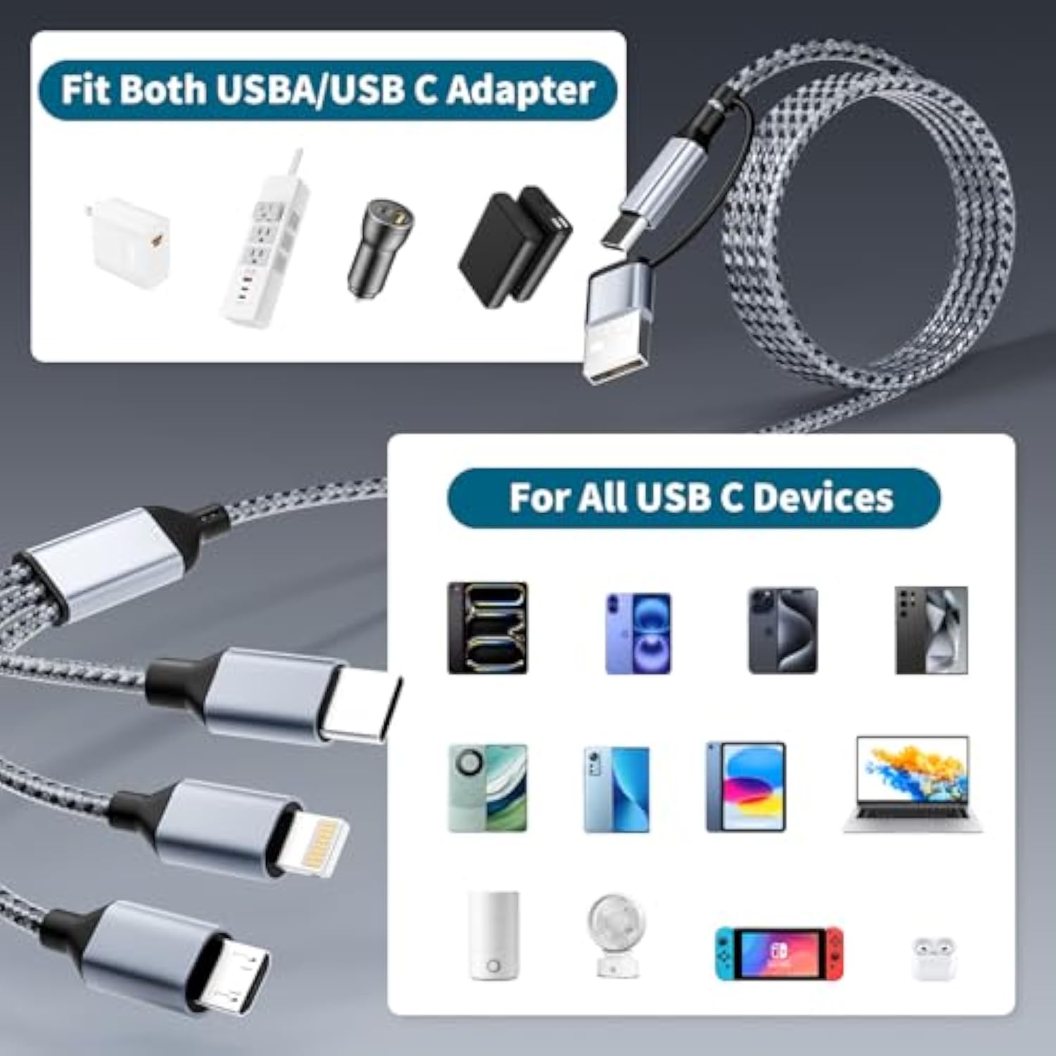 3 In 2 Multi Charging Cable(3Pack 4Ft), Usb A+Usb C Charging Cable Nylon Multi Usb Cable Universal Charging Cord With Type-C, Micro Usb And Ip Port For Cell Phones And More