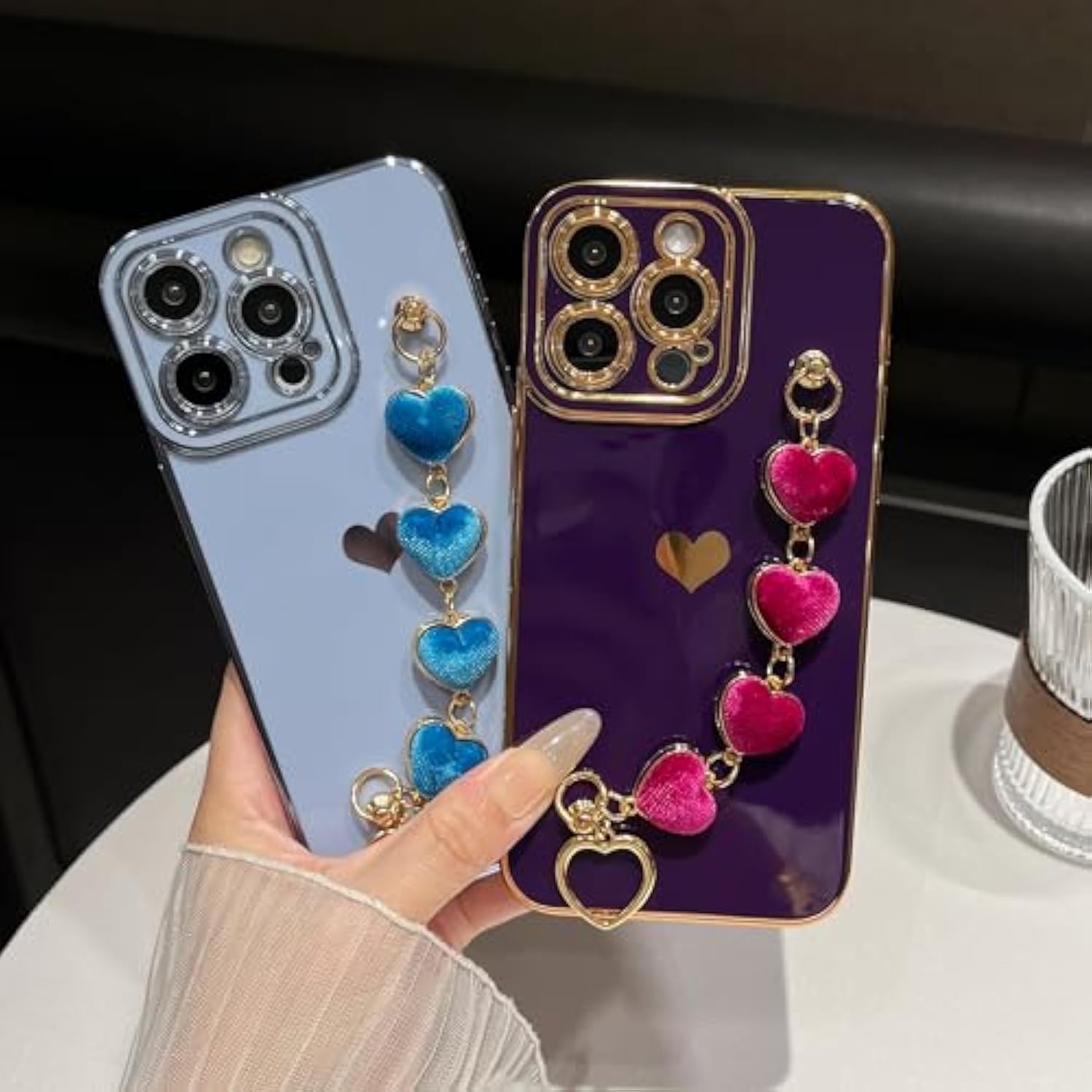 For Iphone 15 Pro Max Case,Cute Plating Love Heart Wrist Strap Chain Bracelet Phone Case (Black)