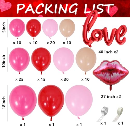 139pcs Valentines Day Balloon Arch Garland Kit, Pink Red Rose Red Balloons with Large Lip Love Foil Balloon for Women Girls Valentine's Day Mother's Day Wedding Decoration