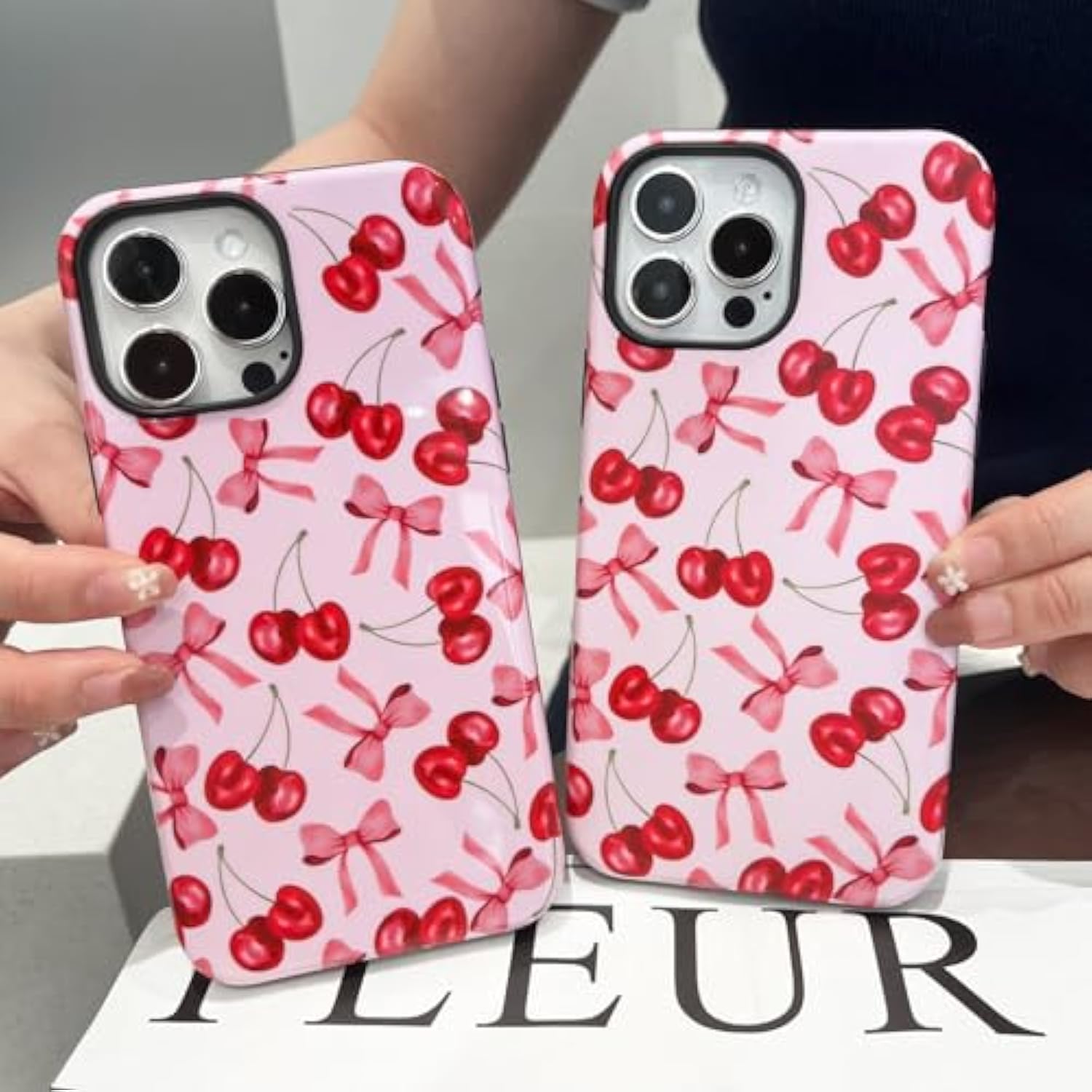 Compatible With Iphone 15 Pro Max Case,Cute Pink Cherry Bow Pattern With Shockproof Slim Soft Tpu And Hard Pc Protective Cover For Women Designed For Iphone 15 Pro Max Case (Glossy)
