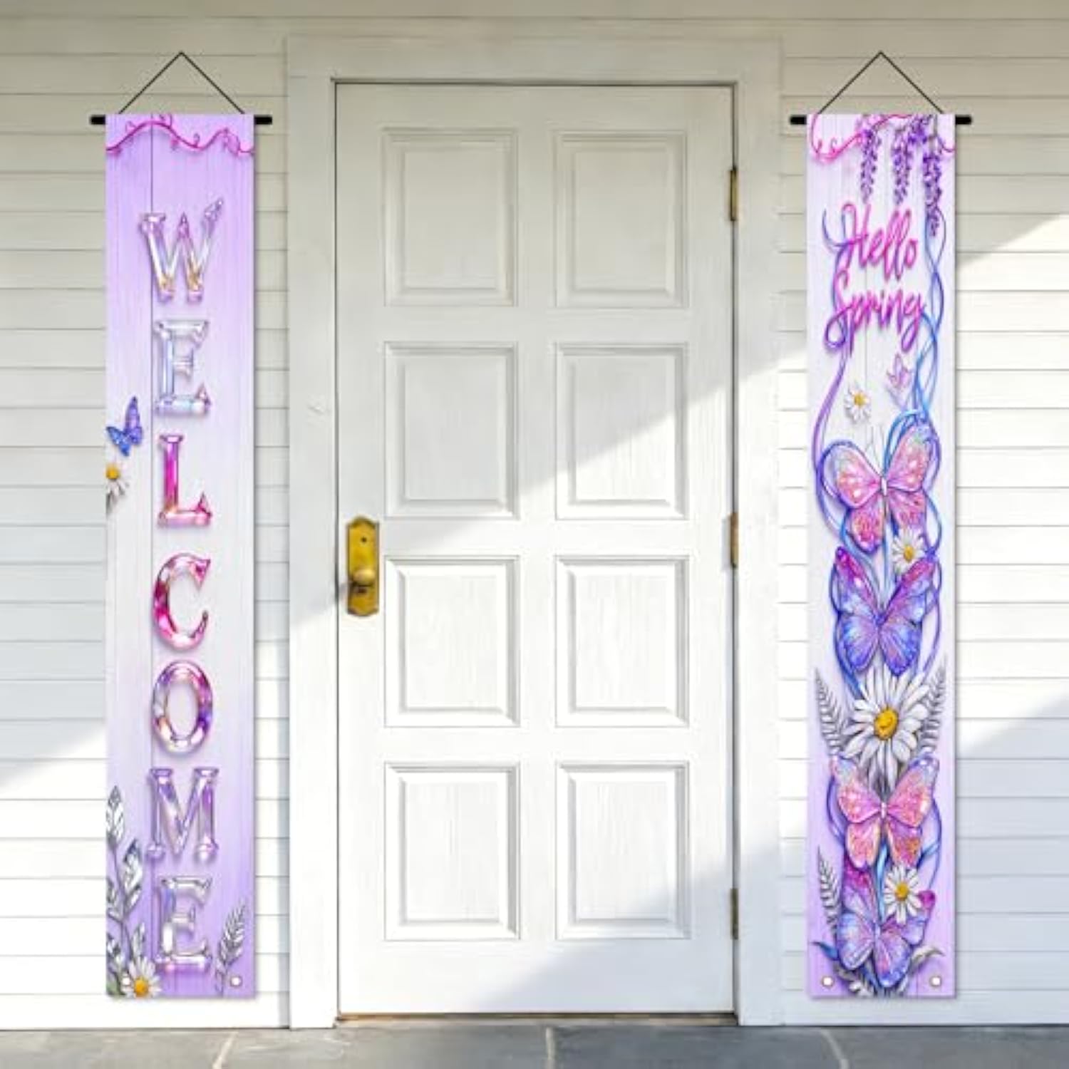 Welcome Hello Spring Butterfly Wisteria Door Banner Polyester 70X12 Inches - Door Banners For Outside, Spring Butterfly Decor For Home, Garden, Outdoor