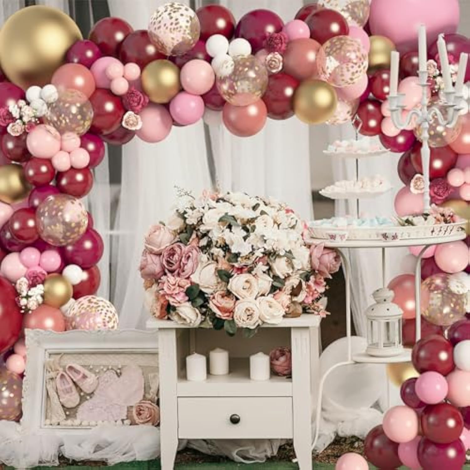 129Pcs Burgundy Pink Balloons Garland Arch Kit, Light Pink Gold White