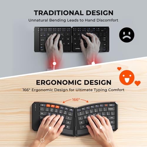 New Ergonomic Bluetooth Foldable Keyboard, Split Compact Portable Wireless Keyboard For Business Travel, Rechargeable Folding Keyboard For Tablet Pc Smartphone Ios Android Windows Mac Black