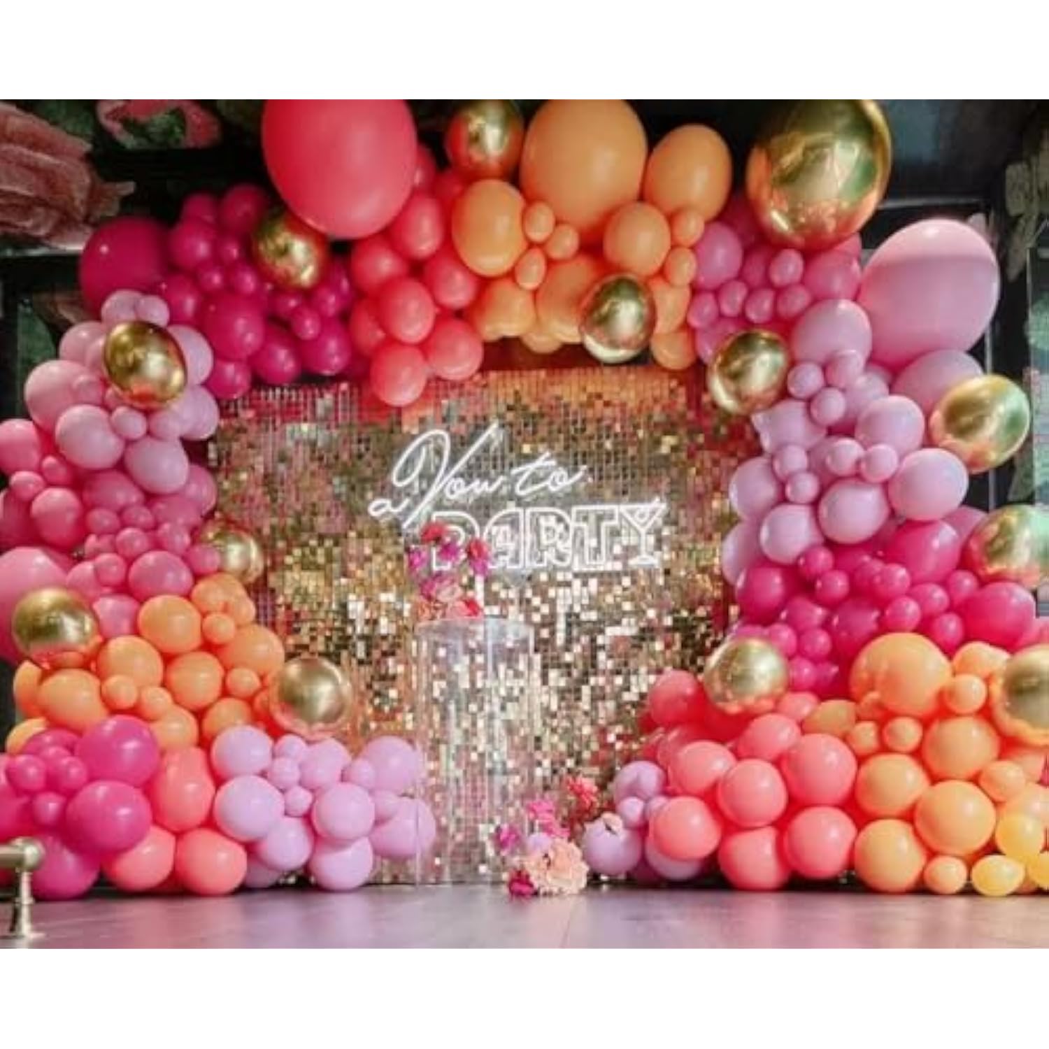 Pink And Orange Balloon Arch Kit, 161Pcs Hot Pink Orange Metallic Gold Latex Balloon Garland Kit, 18 12 10 5 Inch Different Size Balloons For Birthday Baby Shower Wedding Party Decorations