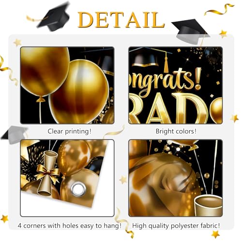 Graduation Banner Gold and Black Congratulations Class of 2026 Backdrop Graduation Party Decorations Photo Booth Props (6x3.6ft)