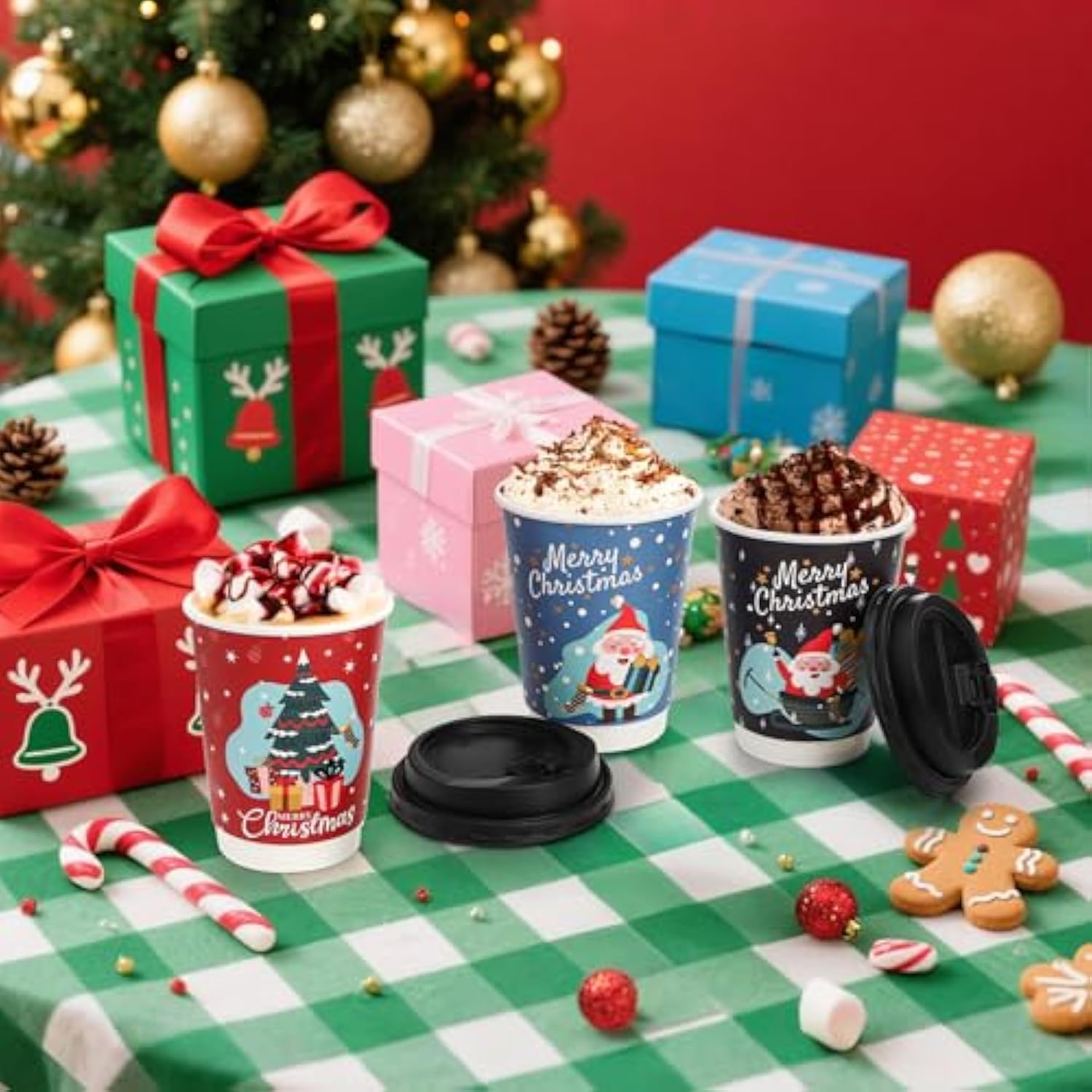60 Pack 12 Oz Christmas Coffee Cups With 80 Lids, Disposable 6 Designs Christmas Paper Cup, Thickened Xmas To Go Coffee Cups, Party Holiday Supplies For Hot Beverage, Chocolate, Tea, Cocoa