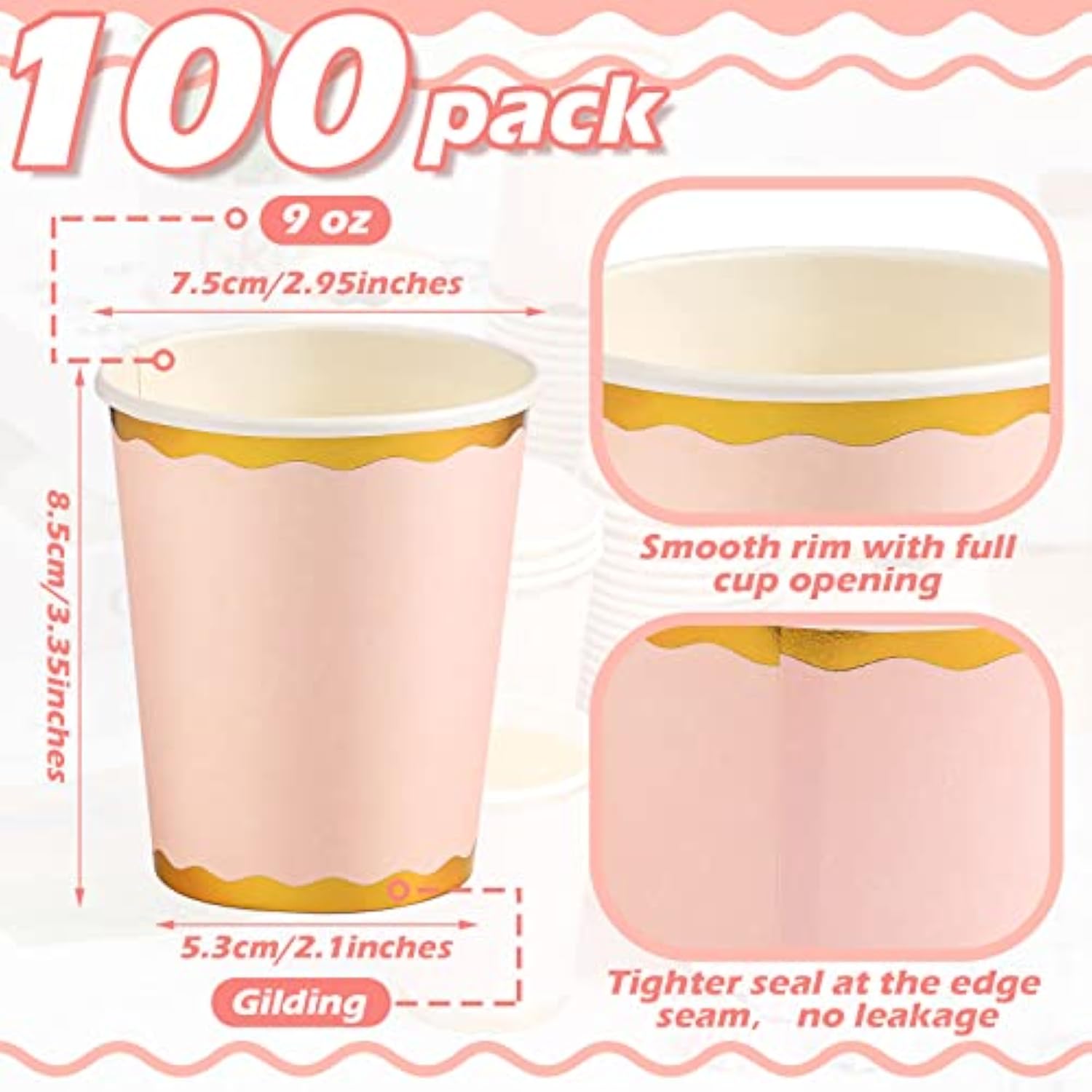 100 Count 9 Oz Light Pink Cups Disposable Coffee Cup Pink Party Paper Tableware For Wedding Holiday Picnic Birthday Party Bridal Favor Coffee Beverage Tea