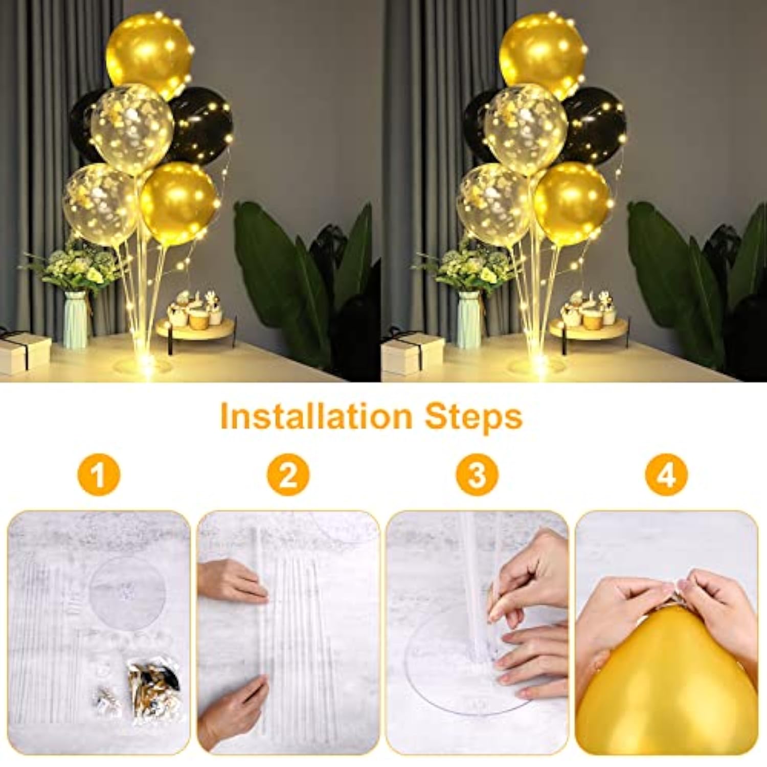 2 Set Table Balloon Stand Kit With Lights, Light Up Balloon Holder Include 16 Black Gold Latex Confetti Balloons, Christmas Party Decorations For Birthday, Weddings, Anniversary And Graduation