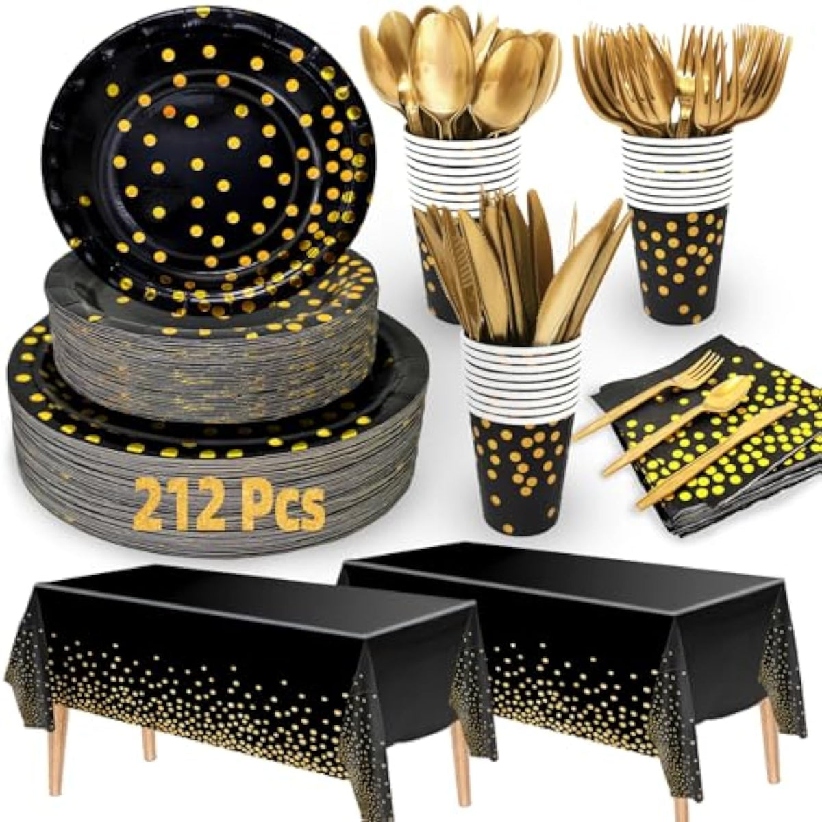 212 Pcs Black Gold New Year Disposable Plates, Napkins, Cups, and Tableware for 30