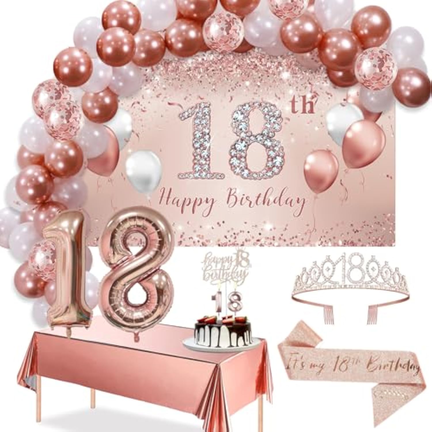 67pcs 18th Birthday Balloon Set with Rose Gold Banner, Tiara, Tablecloth & Cake Toppeer