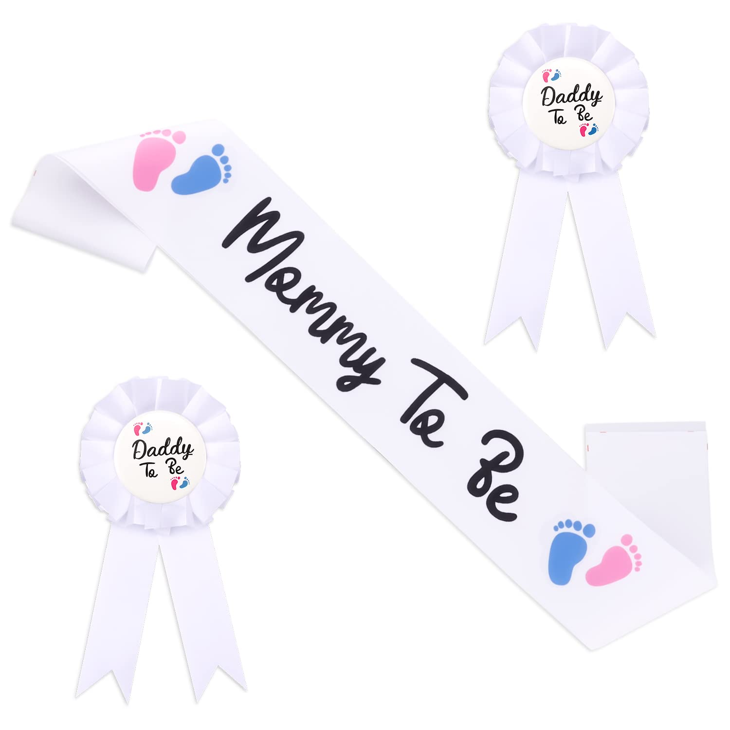 Mommy To Be Sash For Baby Shower With Mommy And Daddy To Be Tinplate Badge Pins With Red & Blue Foot Prints For Party Favors (3Pcs)