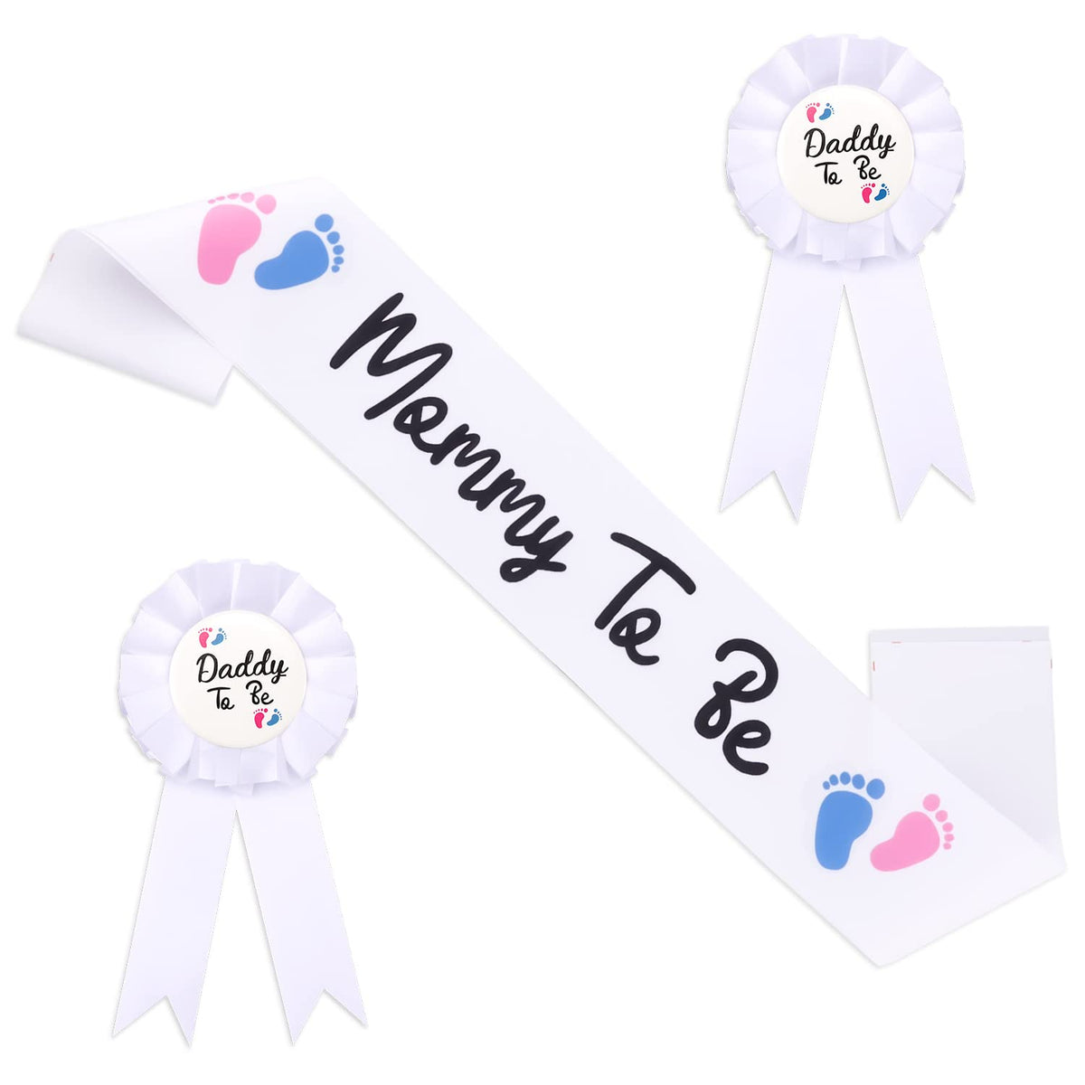 Mommy To Be Sash For Baby Shower With Mommy And Daddy To Be Tinplate Badge Pins With Red & Blue Foot Prints For Party Favors (3Pcs)