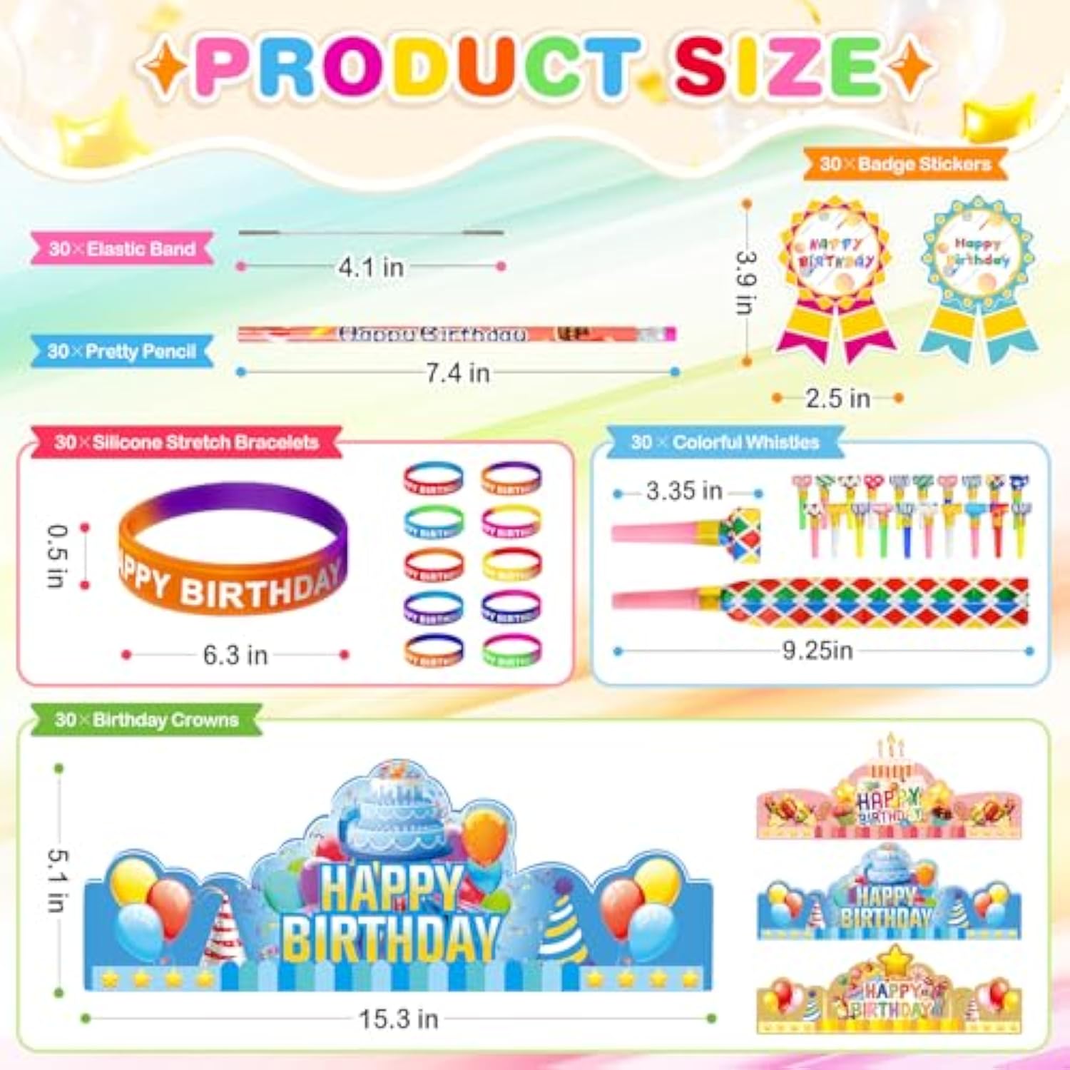 150 Pcs Happy Birthday Kits For Kids Classroom, Include Crowns, Silicone Stretches, Toy Whistles, Badge Stickers, Students Kindergarten Birthday Party Hats For School Teacher Classroom Party Supplies