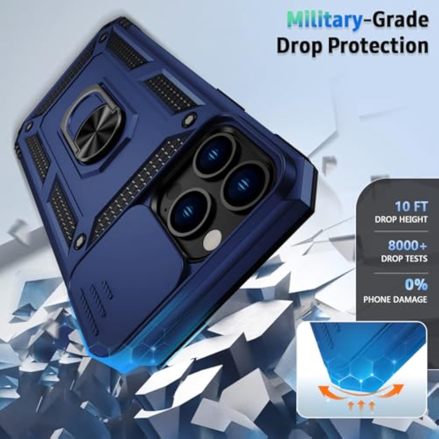 For Iphone 12 Pro Max Case With Camera Lens Cover, Hd Screen Protector, 10 Ft Military Grade Drop Protection, Magnetic Ring Holder Kickstand Protective Phone Case For Iphone 12 Pro Max ,Navy Blue