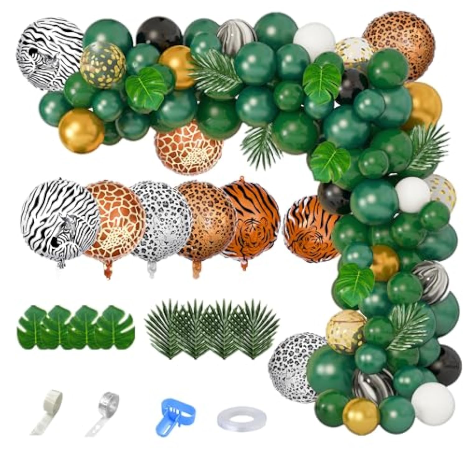 Jungle Safari Balloon Arch Kit: Green & Gold Party Garland with Palm Leaves