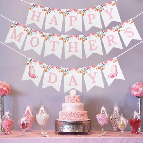 Happy Mother's Day Decorations, Happy Mothers Day Banner with Hanging Swirls, Honeycomb Balls Decorations for Party Supplies Decor Home Office, Pink