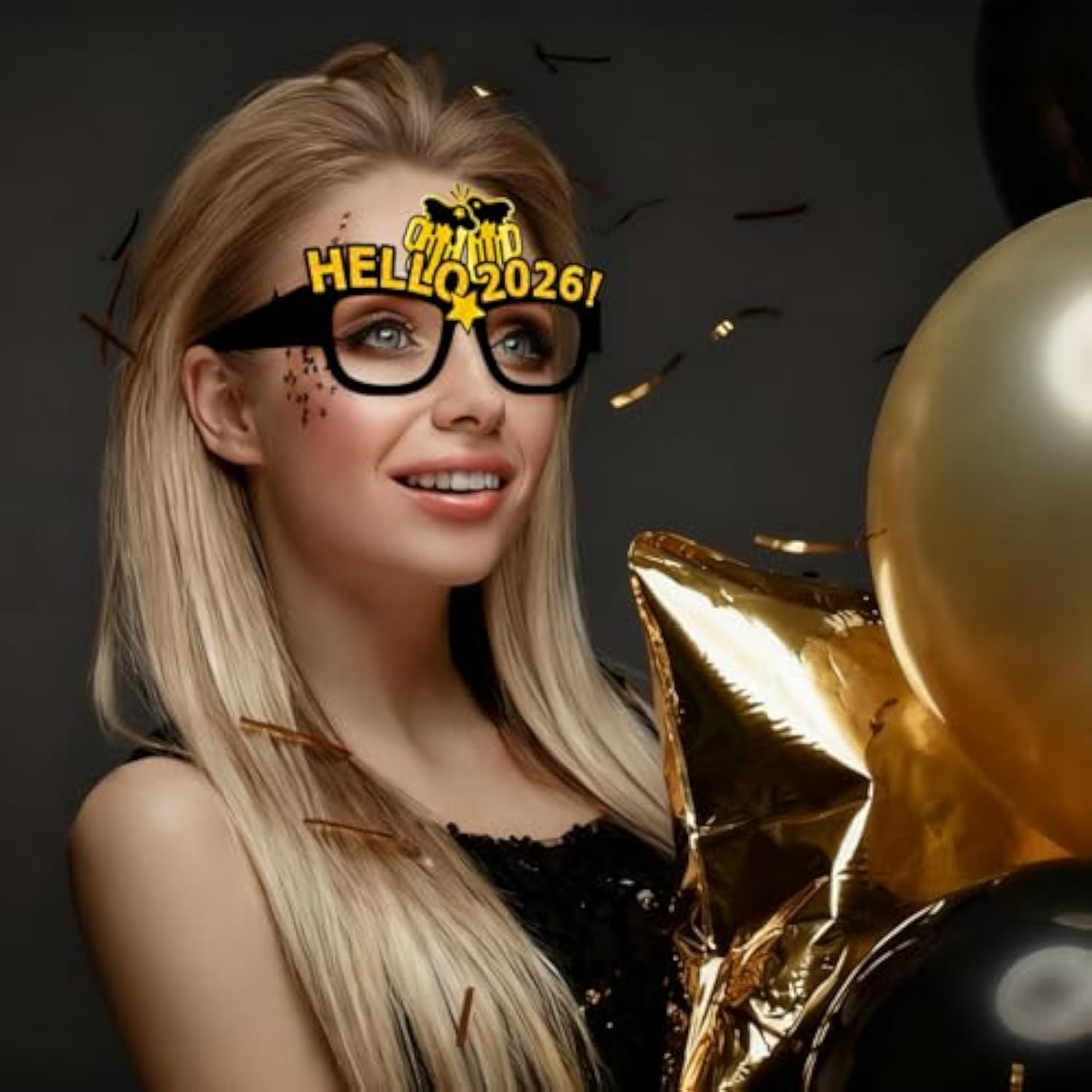 16-Piece Happy New Year 2026 Paper Glasses in Black and Gold for Party Decor