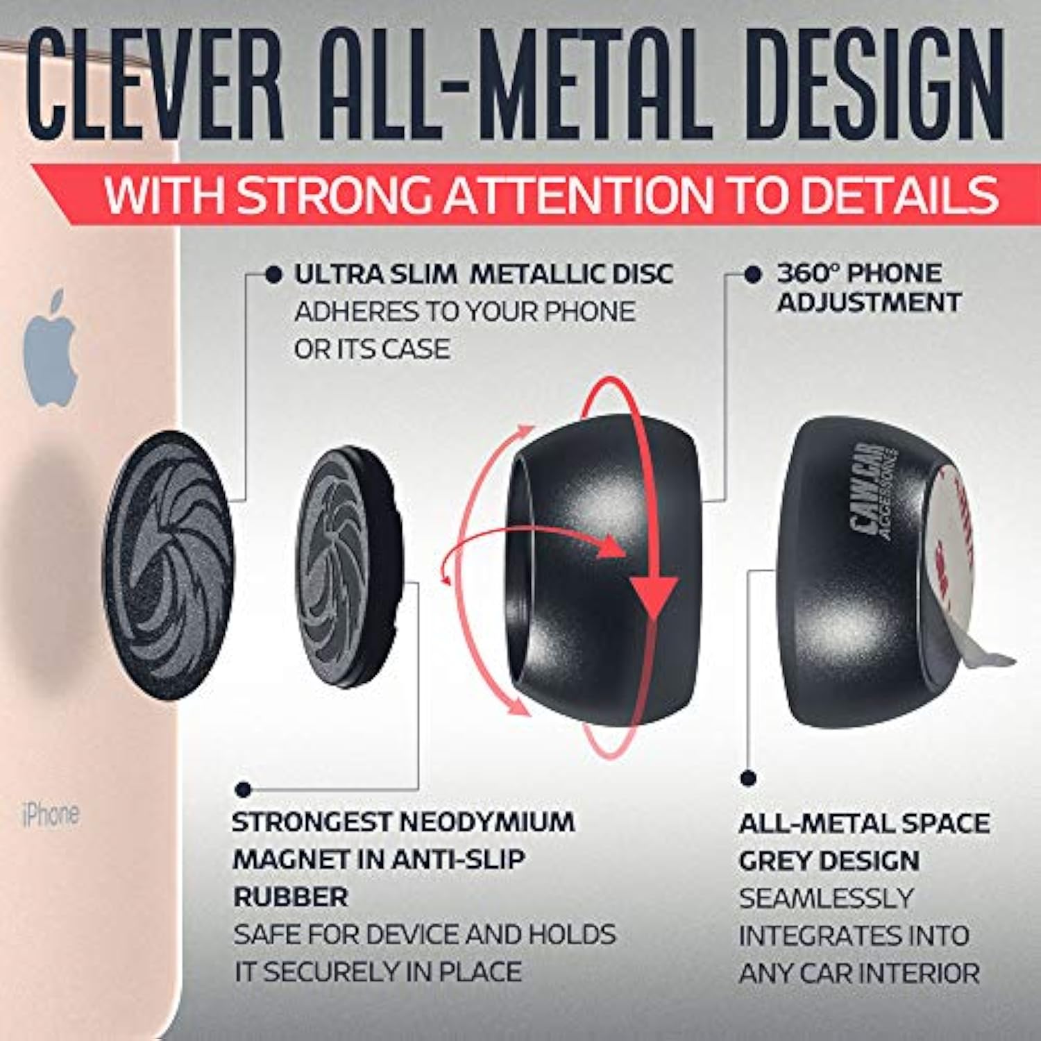 Universal Car Phone Mount Magnetic - All-Metal Iphone Car Mount For Any Smartphone Or Gps - Truly One-Handed Cell Phone Holder For Car Dashboard