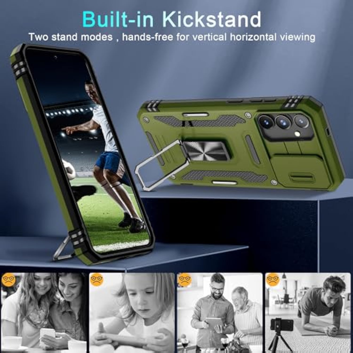 Case For Samsung Galaxy S24+ Plus With Slide Camera Cover+Screen Protector (1 Pack), Rotated Ring Kickstand Grade Shockproof Protective Cover-Olive Green