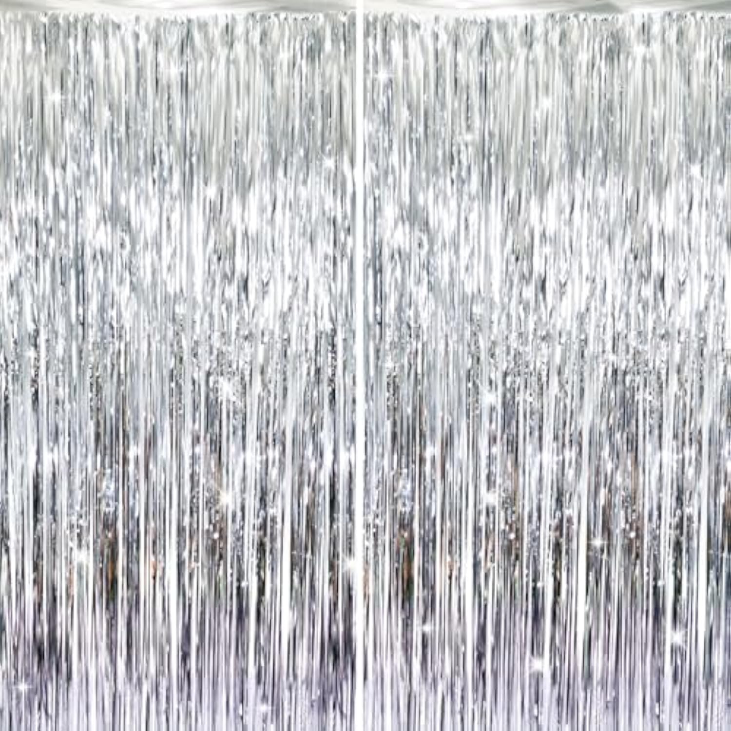 6.4x8.2ft Metallic Tinsel Foil Fringe Curtains 2 Pack Silver Party Backdrop