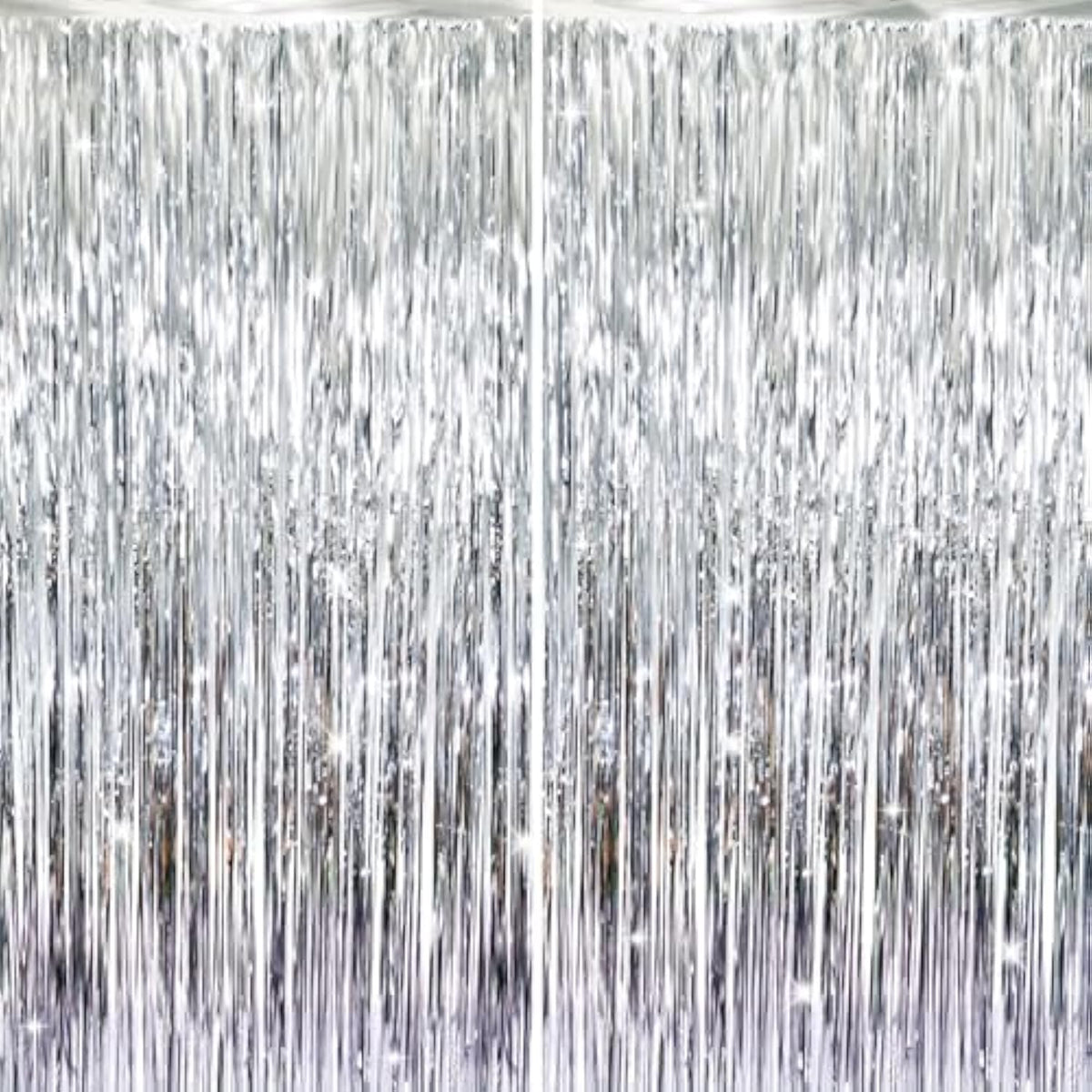 6.4x8.2ft Metallic Tinsel Foil Fringe Curtains 2 Pack Silver Party Backdrop