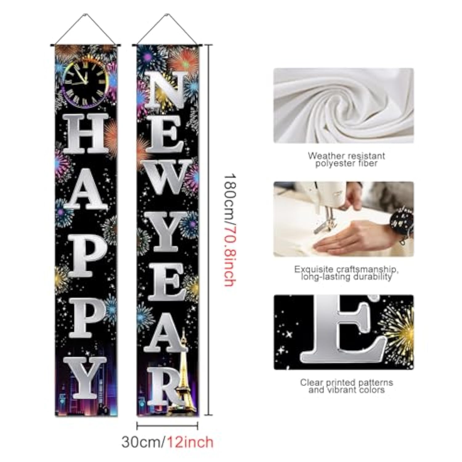 Silver Happy New Year Porch Banner Decorations With Fireworks Clock Night City 71 X 12 Inch Holiday Party Banners Front Door Hanging Banner Entryway New Year Winter For Wall Fireplace Party Holiday Home Kids Decor