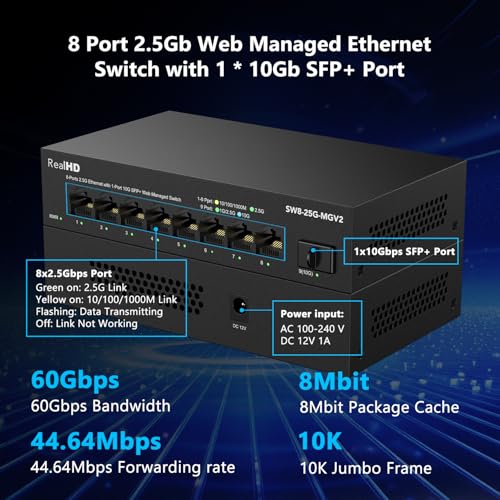 8 Port 2.5Gb Web Managed Ethernet Network Switch With 8 X 2.5 Gigabit | 1 X 10G Sfp+ | Work With 10-100-1000Mbps Devices | 60G Bandwidth | Fanless Quiet Metal Internet Switch