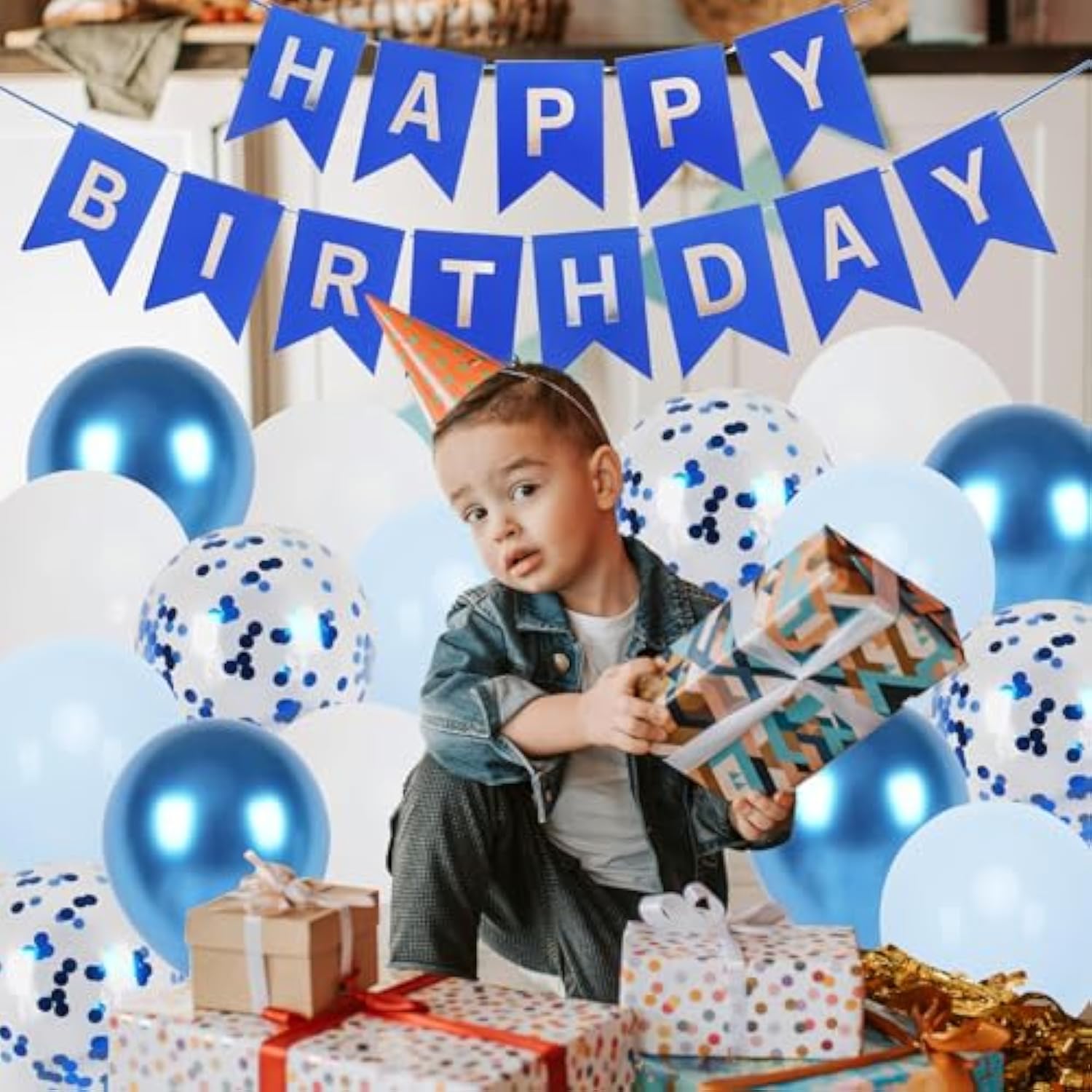 Blue Happy Birthday Banner Party Decoration Set, Blue Birthday Decoration, 16 Pcs 12In Balloons With 2 Ribbons For For Women Men Boys Girls Any Ages Birthday Party Decoration