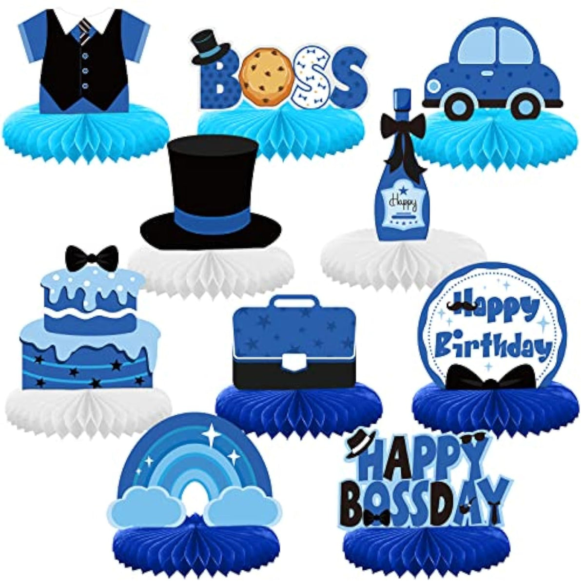 10-Piece Blue Boss Theme Honeycomb Centerpieces for Boys' Birthday Party