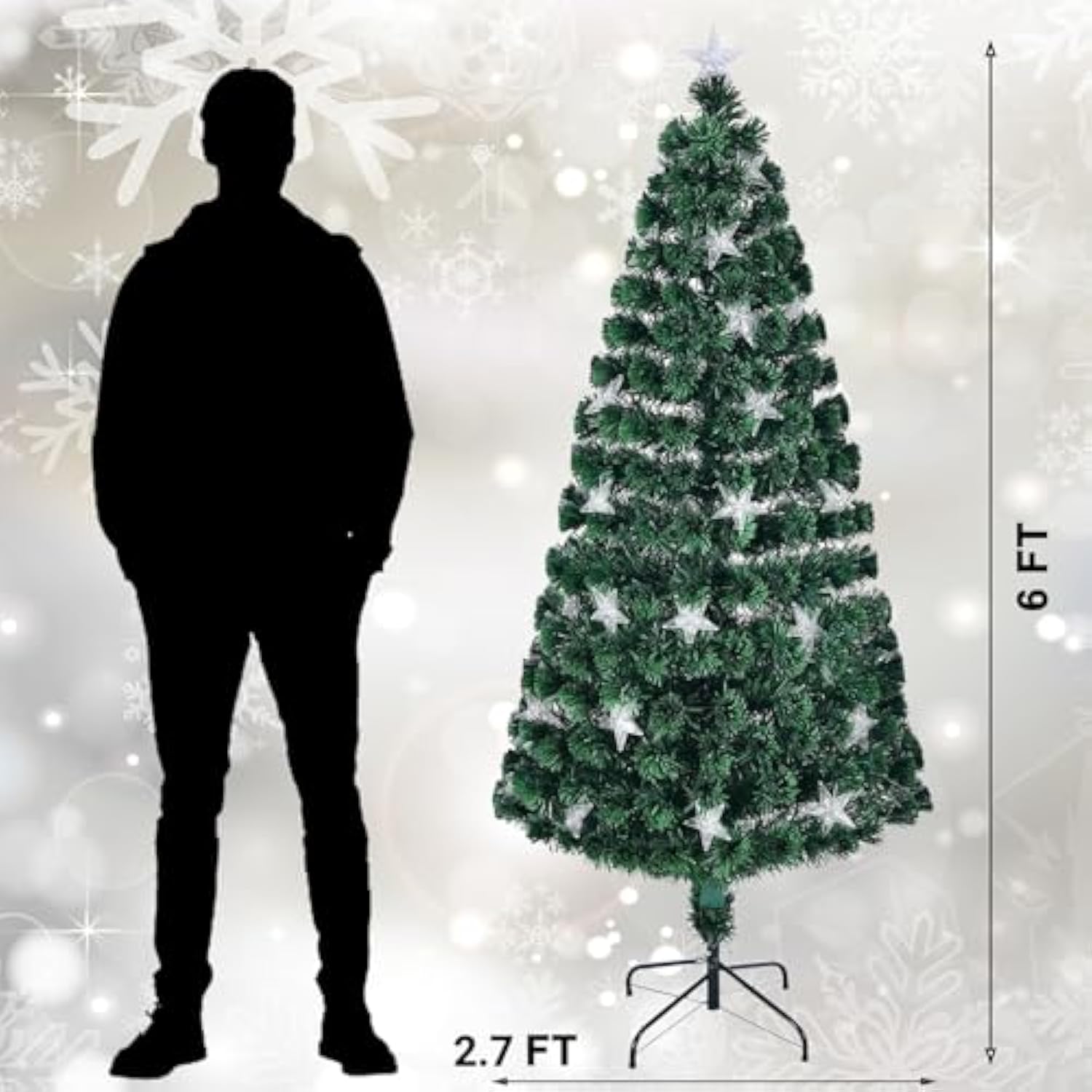6Ft Pre-Lit Artificial Christmas Tree, Lighted Optical Fiber Xmas Trees With Warm White Large Stars & Color Changing Optical Fiber Lights, Party Home Holiday Green Fake Tree With Metal Legs