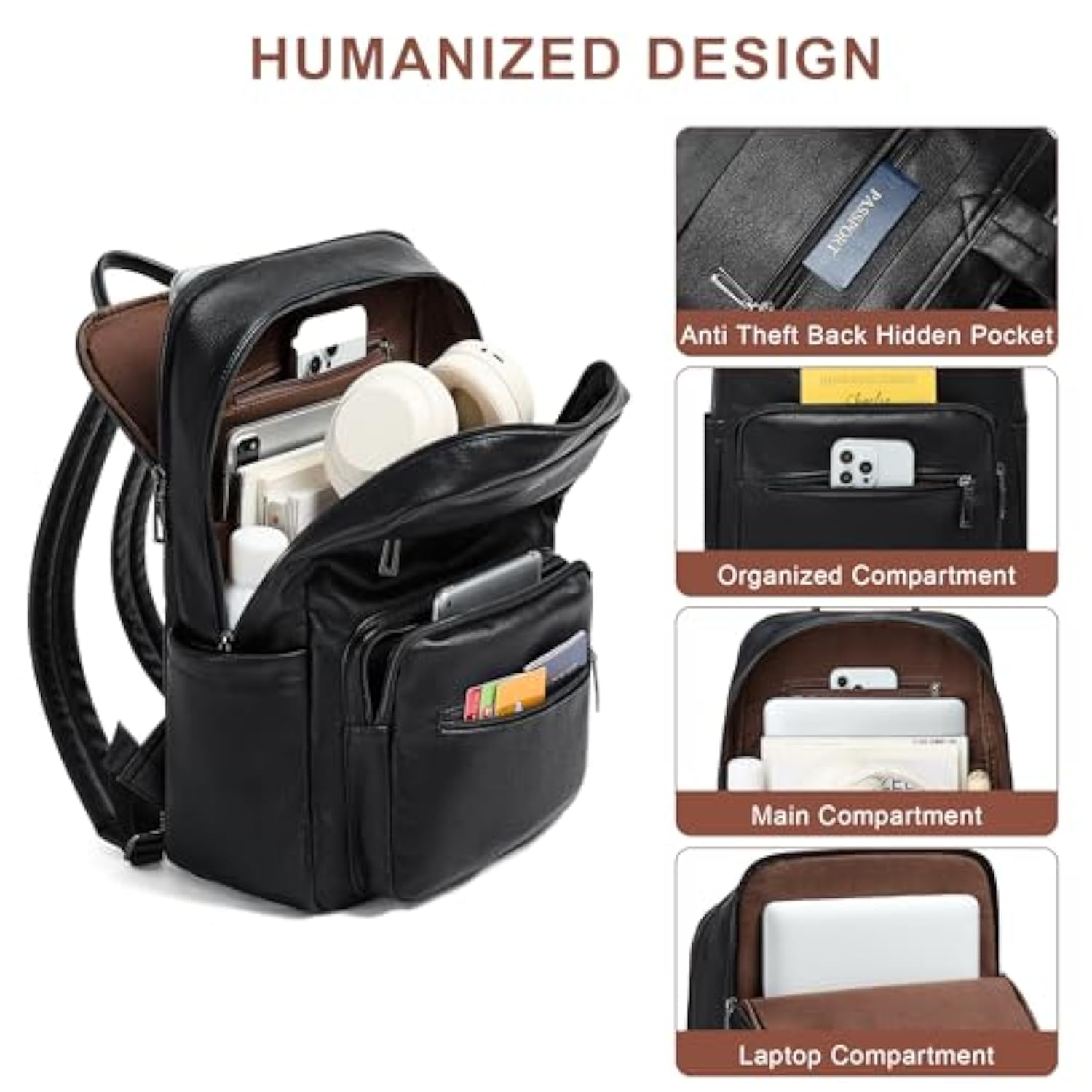 Leather Laptop Backpack For Women 15.6 Inch Laptop Travel Backpack Purse Casual Daypack With Laptop Compartment For College Work Nurse Business Weekender, Black