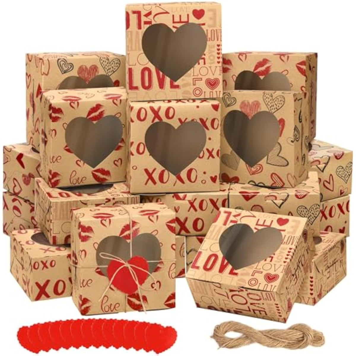24 Packs Cookie Box Kraft Bakery Treat Boxes 6 X 6 X 3 Inches Candy Boxes With Heart Window Kraft Paper Cupcake Boxes With Heart Cards For Cookies, Cupcakes