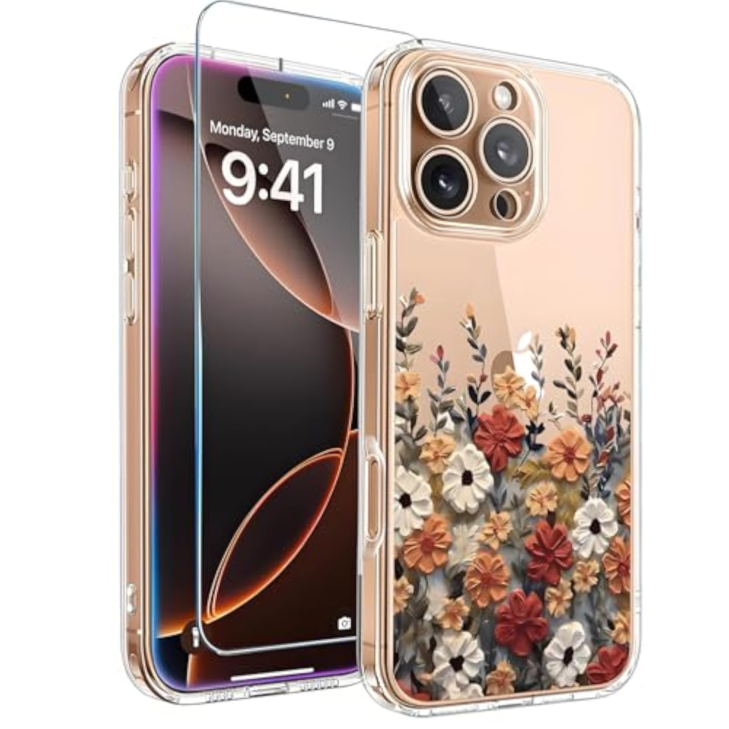 For Iphone 16 Pro Case Clear Flowers, For 16 Pro Case Floral With Screen Protector [Camera Protection] Slim Shockproof Phone Case For Iphone 16Pro For Women Girl'S - Flower Design