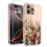 For Iphone 16 Pro Case Clear Flowers, For 16 Pro Case Floral With Screen Protector [Camera Protection] Slim Shockproof Phone Case For Iphone 16Pro For Women Girl'S - Flower Design