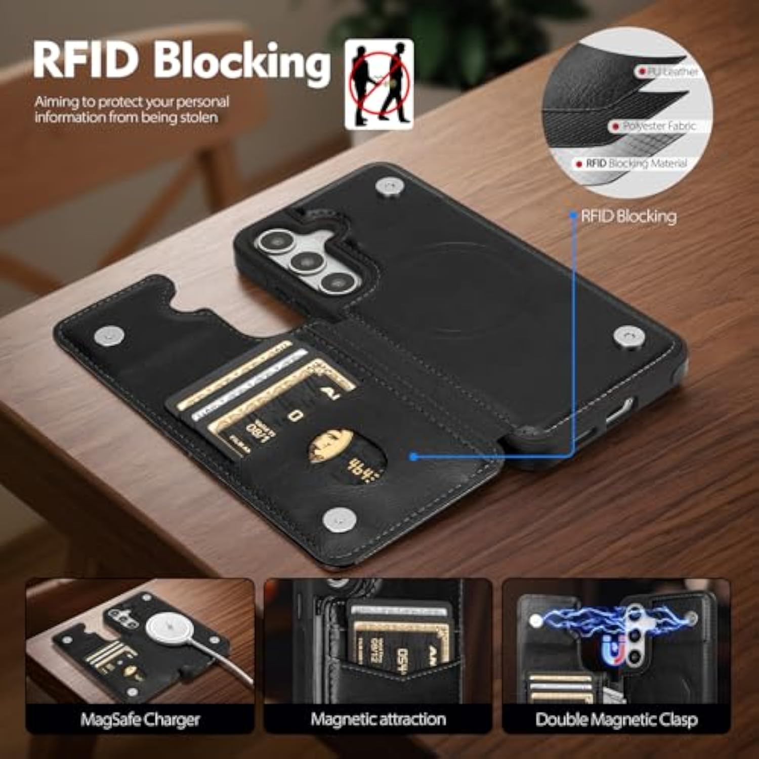 Compatible With Magsafe For Samsung Galaxy S25 Wallet Case With Card Holder,Women Men Phone Case Pu Leather Kickstand Flip Protective Cover Credit Card Slots,For Galaxy S25 6.2",Black