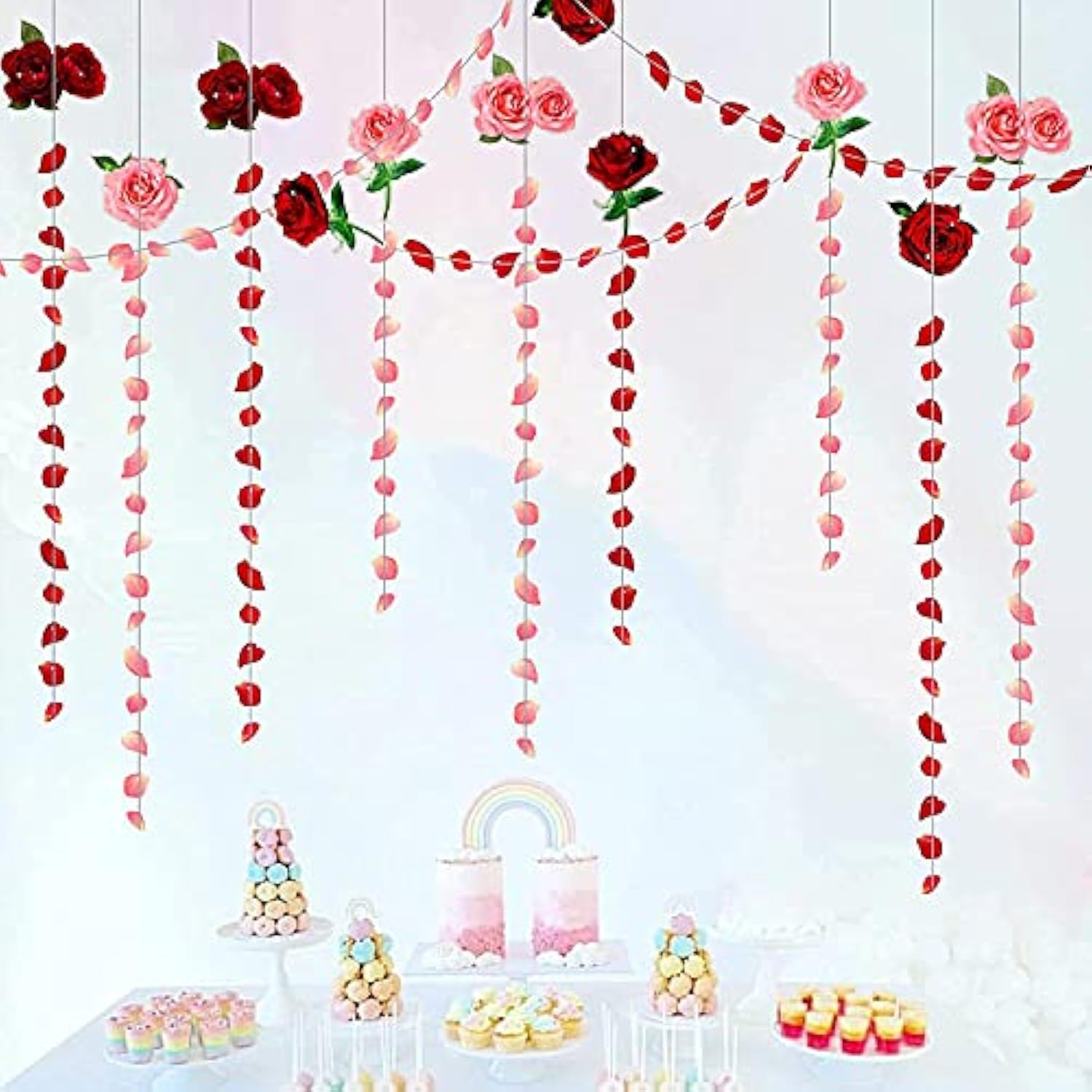 Red Pink Rose Garland Flower Roses Petal Streamer Paper Love Banner For Floral Romantic Wedding Engagement Anniversary Bridal Shower Birthday Hanging Valentines Day Party Decorations 12Pcs