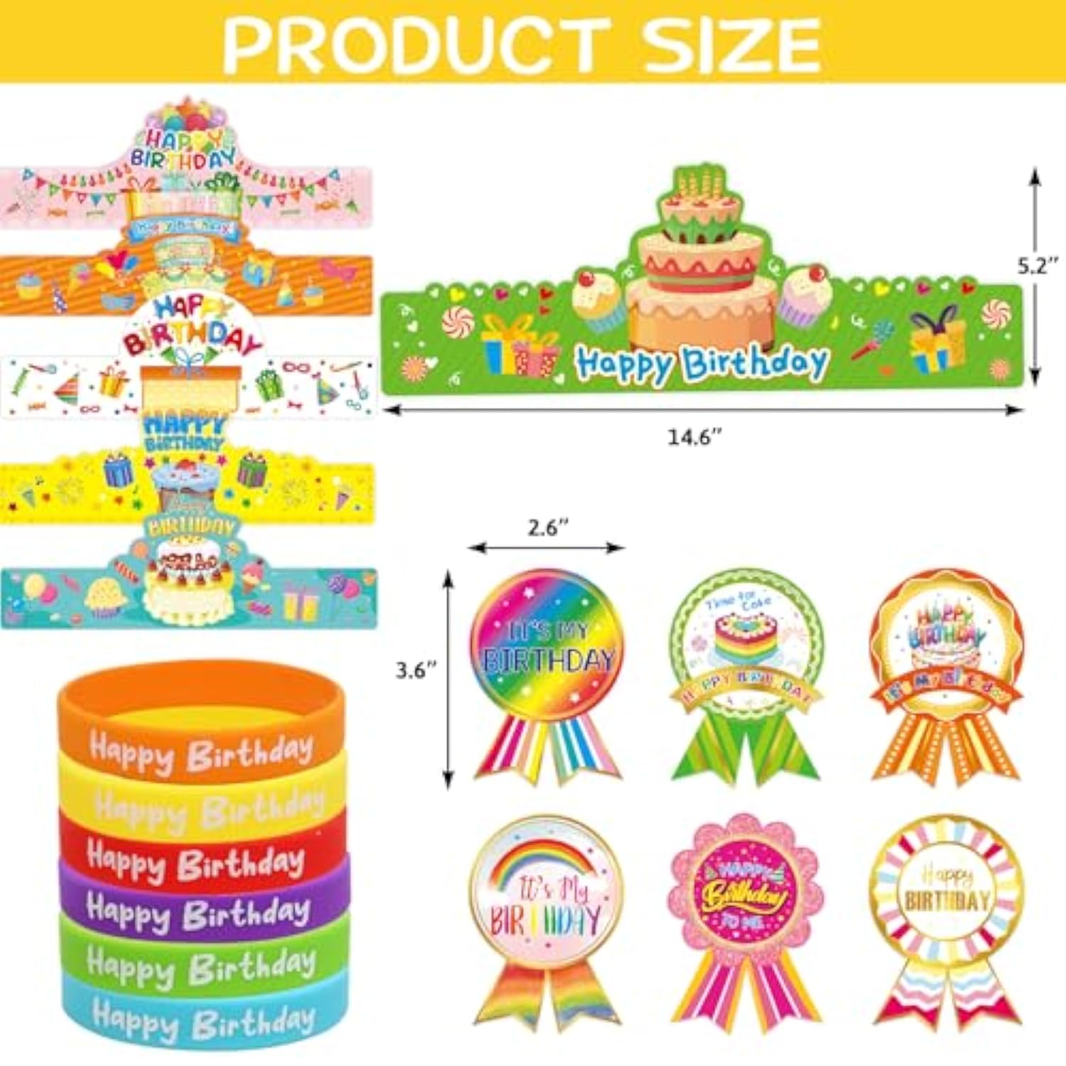 108Pcs Happy Birthday Kits For Kids Classroom Birthday Crowns Rubber Bracelets Badge Stickers School Teachers Students Kindergarten Party Supplies